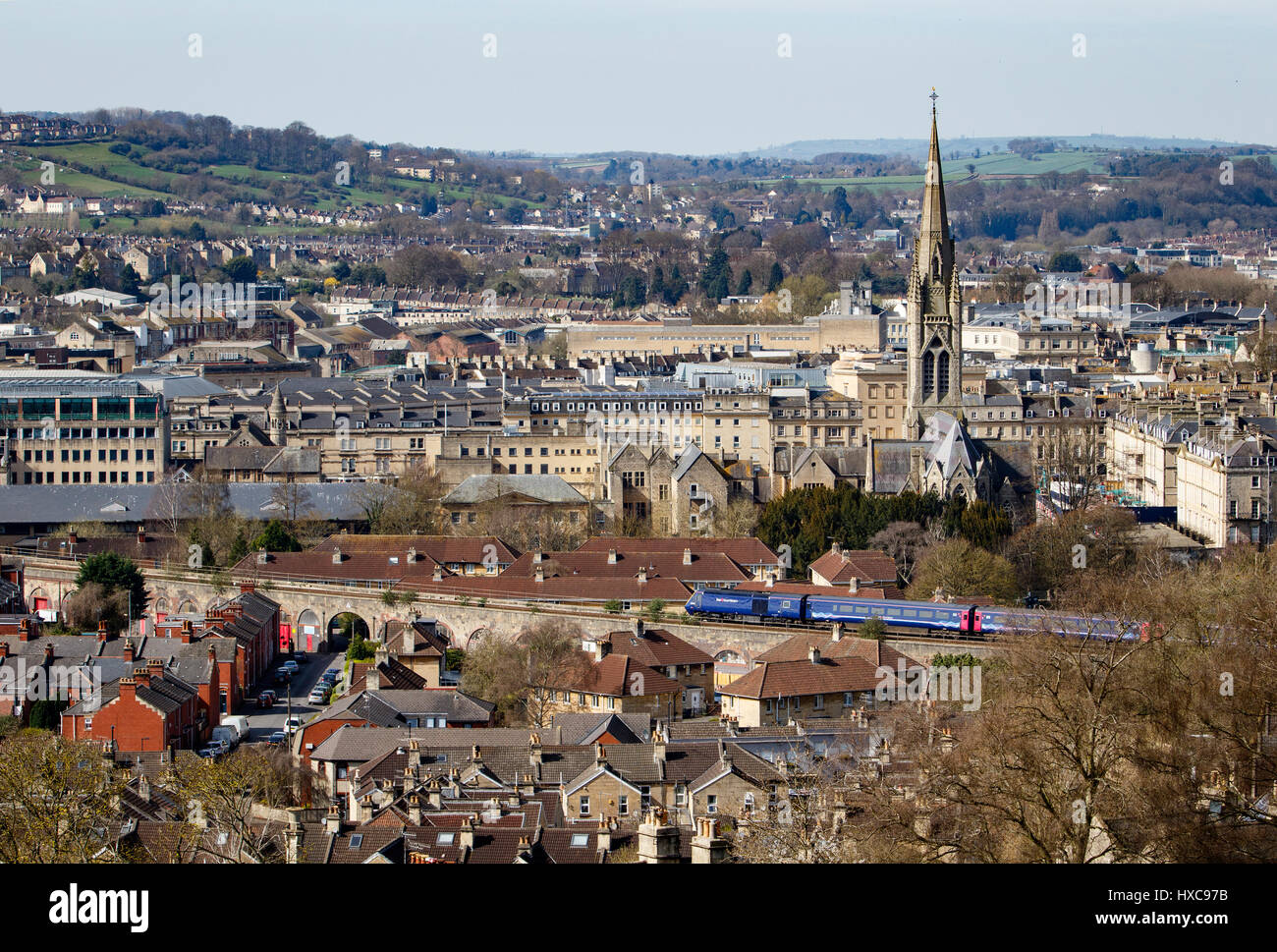A First Group Great Western Railway HST InterCity 125 train is pictured from Bathwick Hill as it travels through the City of Bath. Bath,England,UK Stock Photo