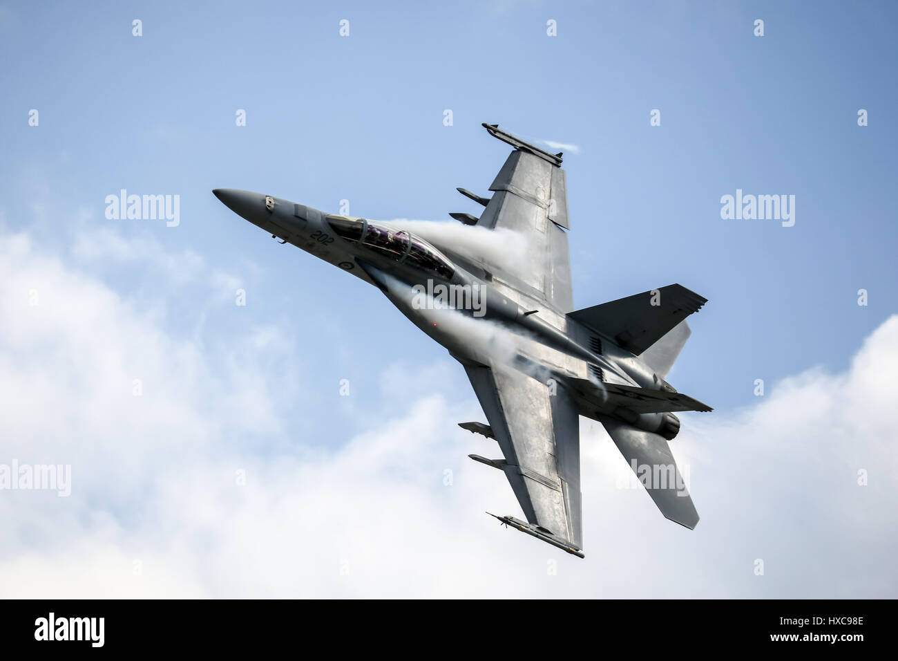 MELBOURNE, AUSTRALIA - MARCH 25: An Royal Australian Air Force FA18F Super Hornet performs in a public display above Melbourne on March 25, 2017 Stock Photo