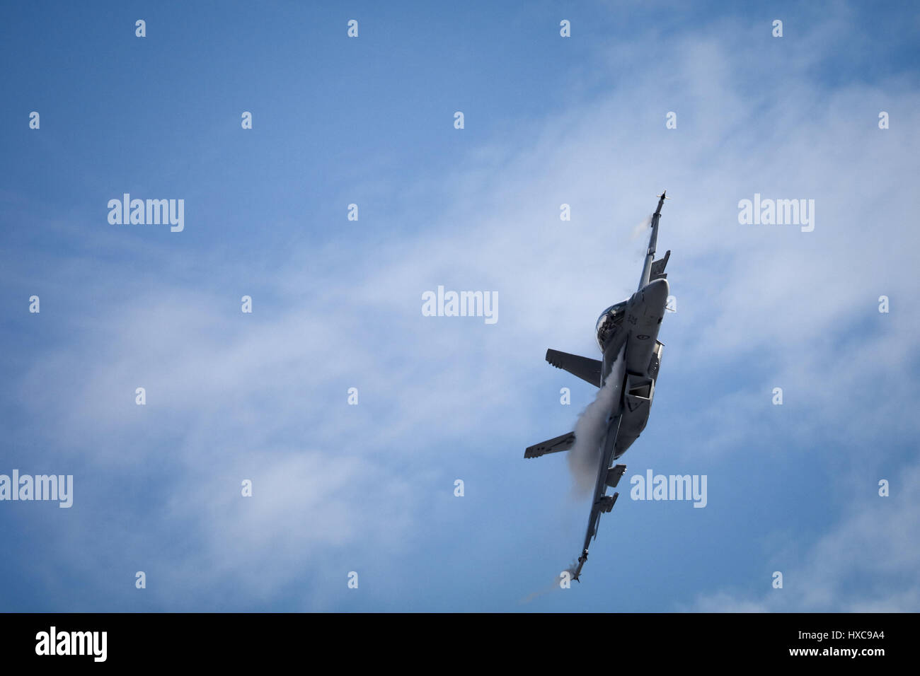 MELBOURNE, AUSTRALIA - MARCH 26: An Royal Australian Air Force FA18F Super Hornet performs in a public display above Melbourne on March 26, 2017 Stock Photo