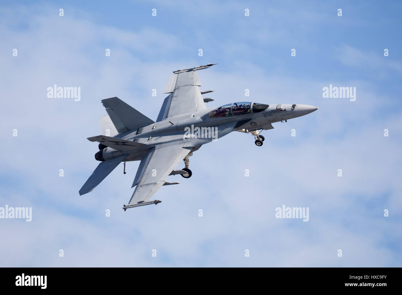 MELBOURNE, AUSTRALIA - MARCH 26: An Royal Australian Air Force FA18F Super Hornet performs in a public display above Melbourne on March 26, 2017 Stock Photo