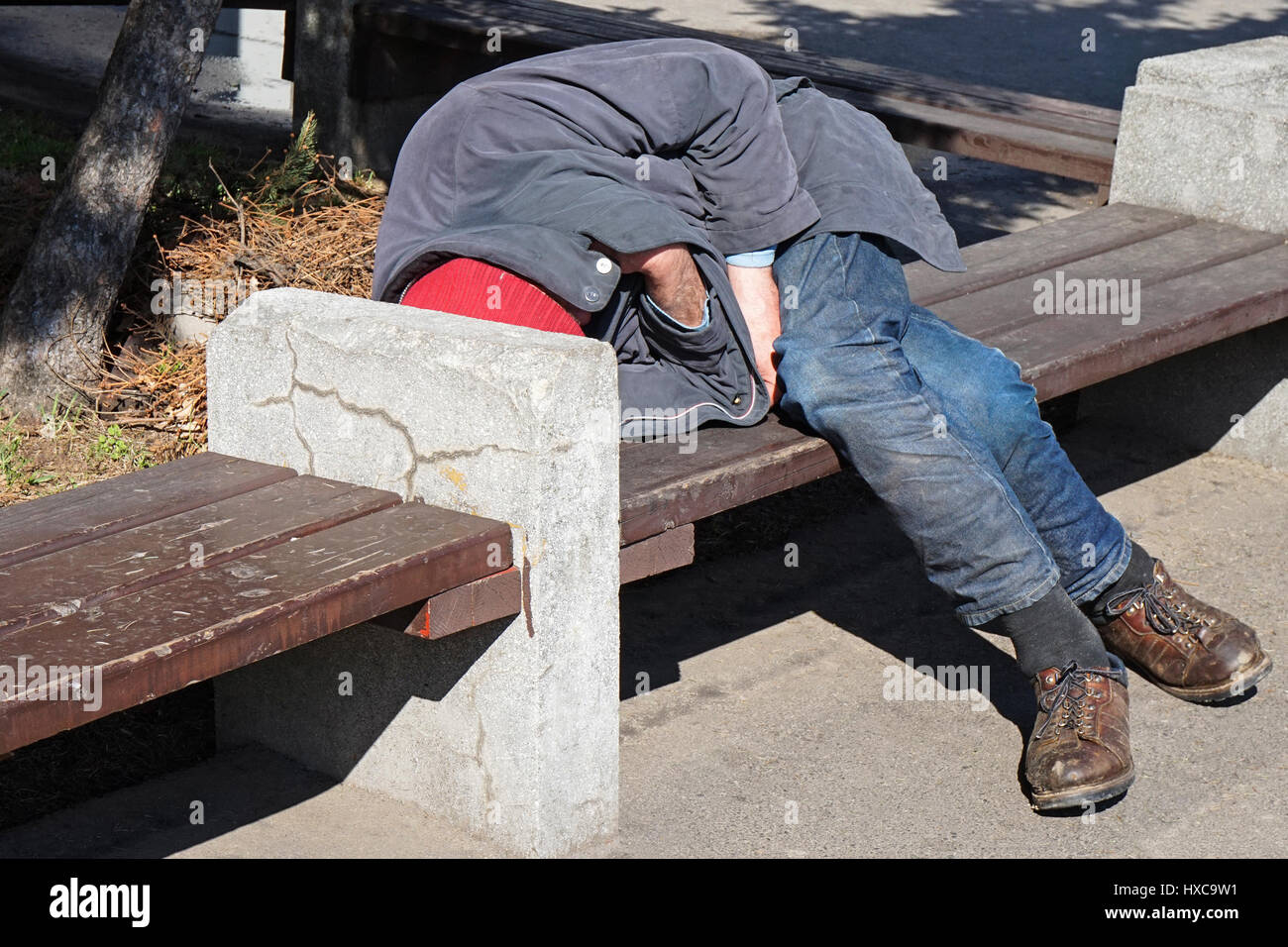 Homeless man is sleeping on a bench in the park Stock Photo - Alamy