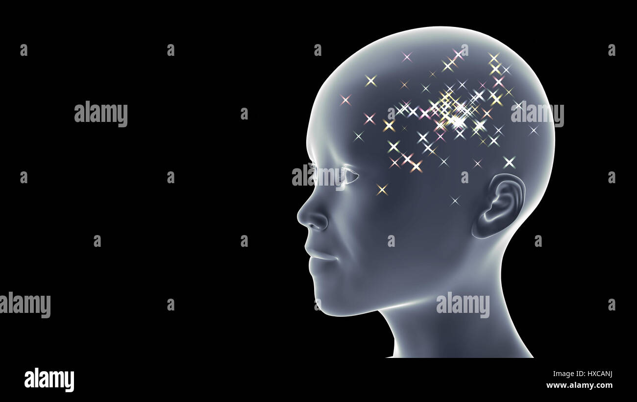 child with colourful bright stars in its head in front of a black ...