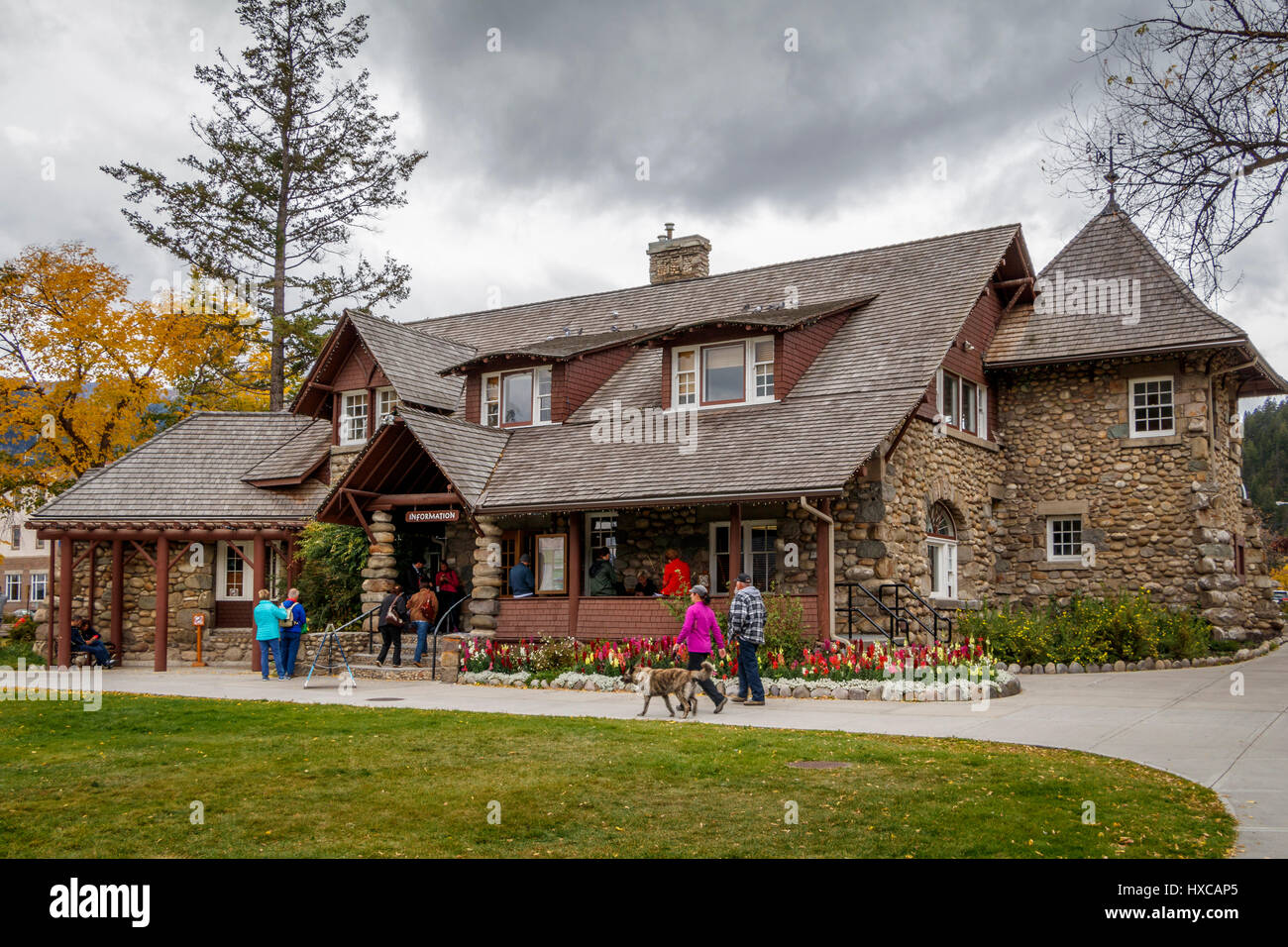 The Jasper Park Information Centre, Jasper, Alberta, Canada. Built in 1914 and became the tourist offices in 1972. Stock Photo