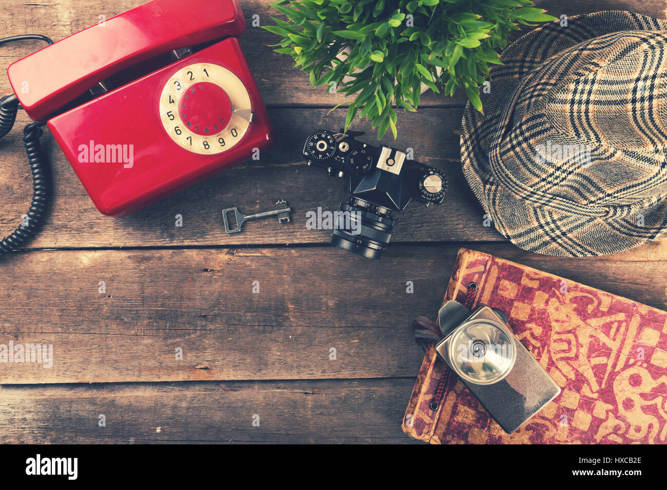 vintage items and accessories on old wooden table Stock Photo