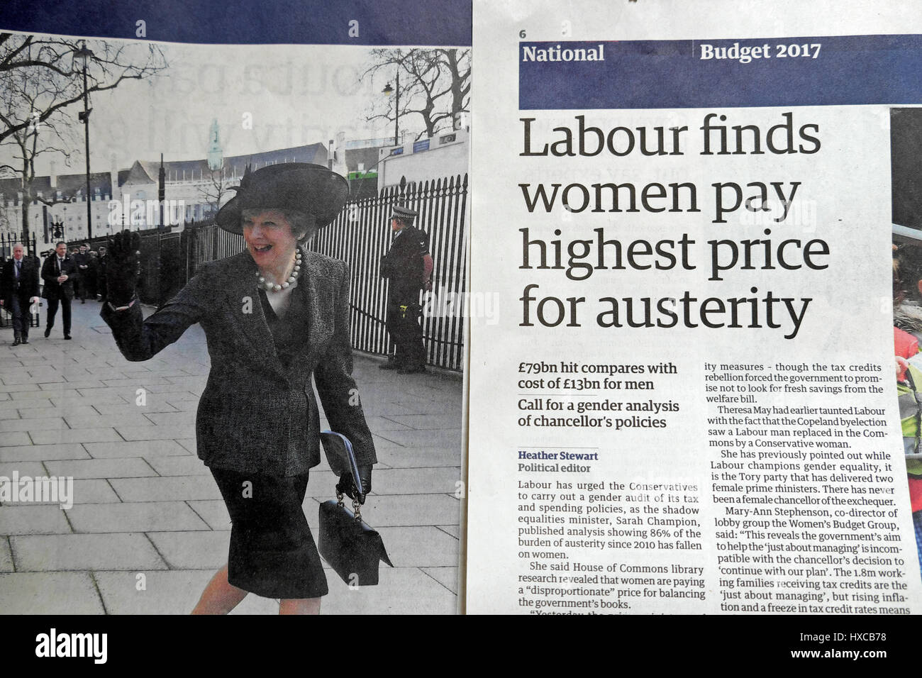'Labour finds women pay highest price for austerity' Guardian newspaper article Budget 2017 headline London England UK Stock Photo