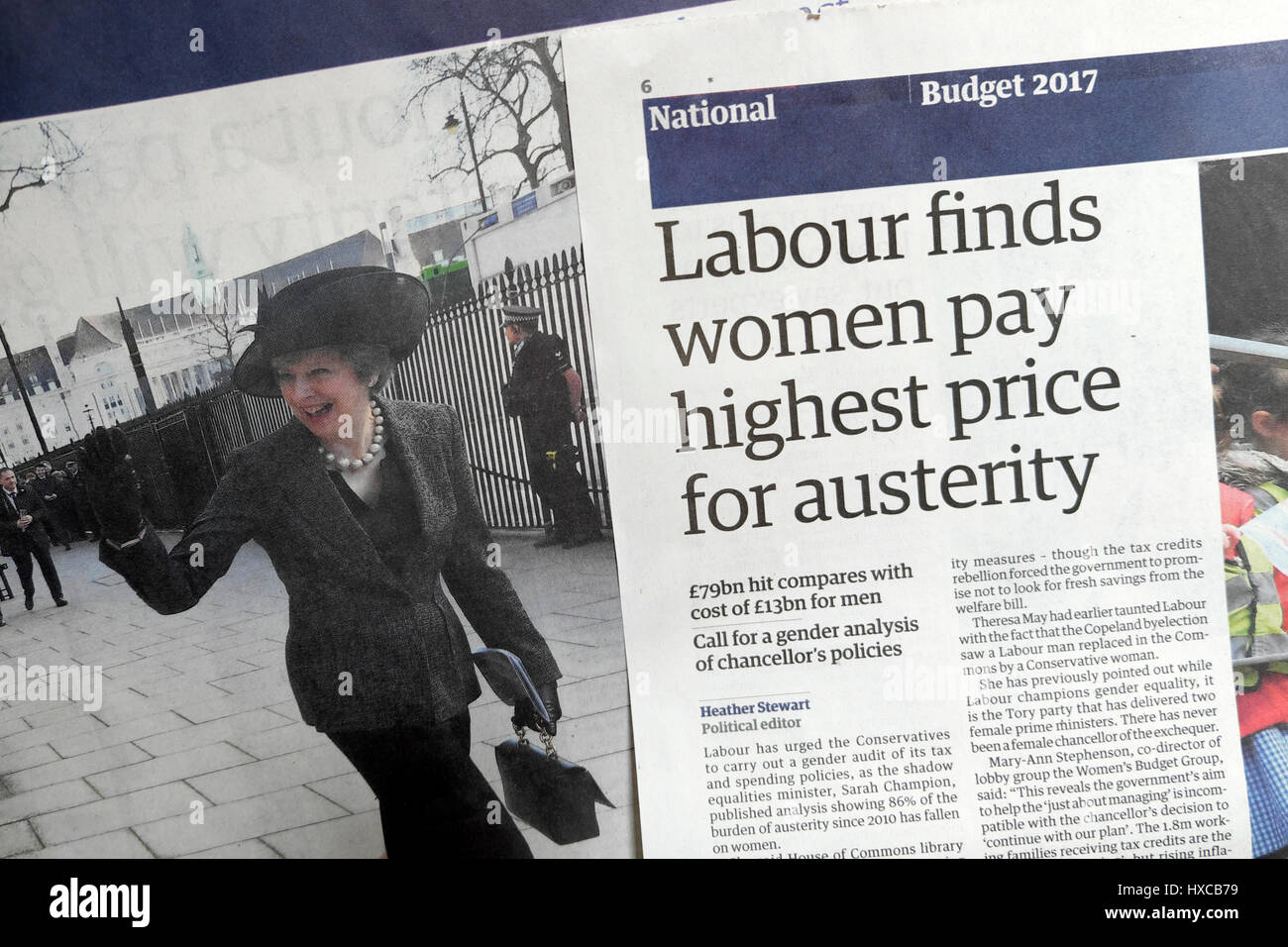 'Labour finds women pay highest price for austerity' Guardian newspaper article Budget 2017 headline London England UK Stock Photo