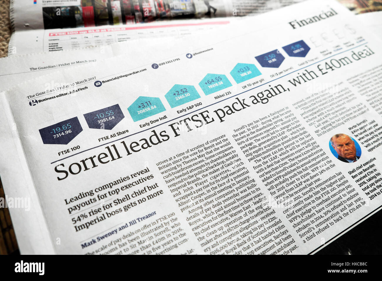 'Sorrell leads FTSE pack again, with £40m deal' Financial section article in Guardian newspaper 10 March 2017 London  UK Stock Photo