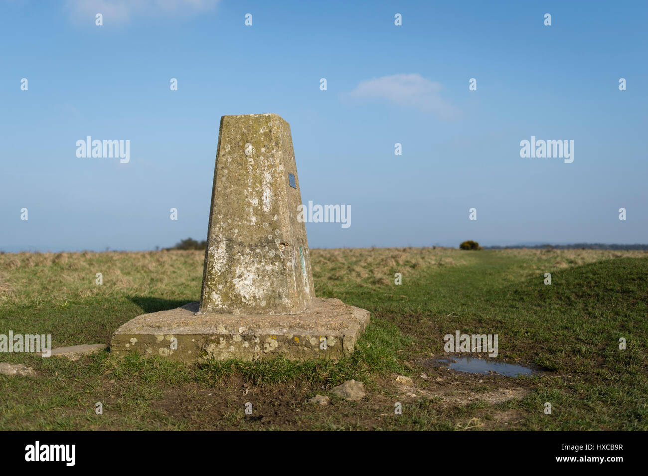Ordnance Survey Trig Point on top of Butser Hill, Queen Elizabeth Country park, Hampshire, England, United Kingdom Stock Photo