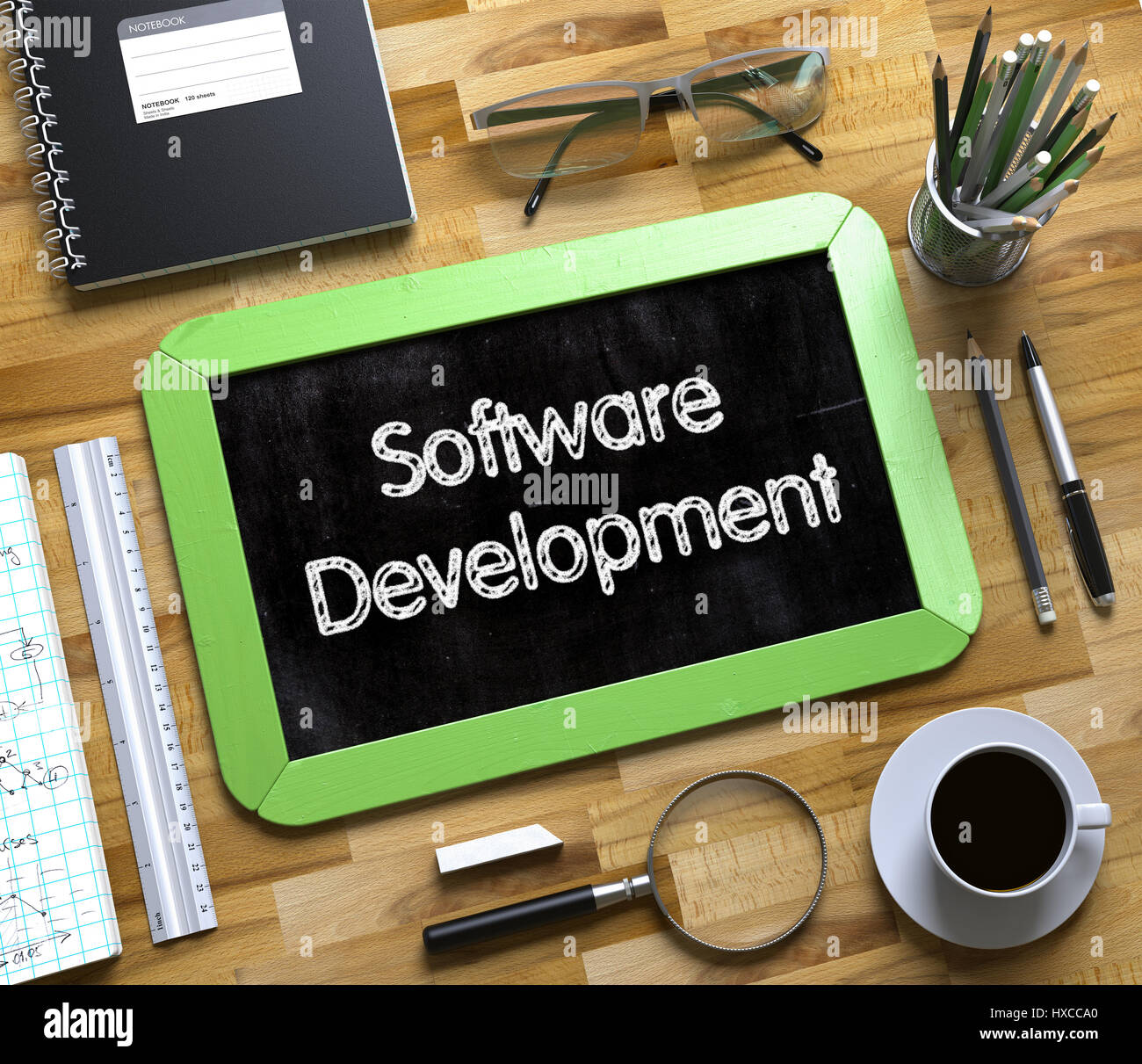 Software Development on Small Chalkboard. 3d. Stock Photo