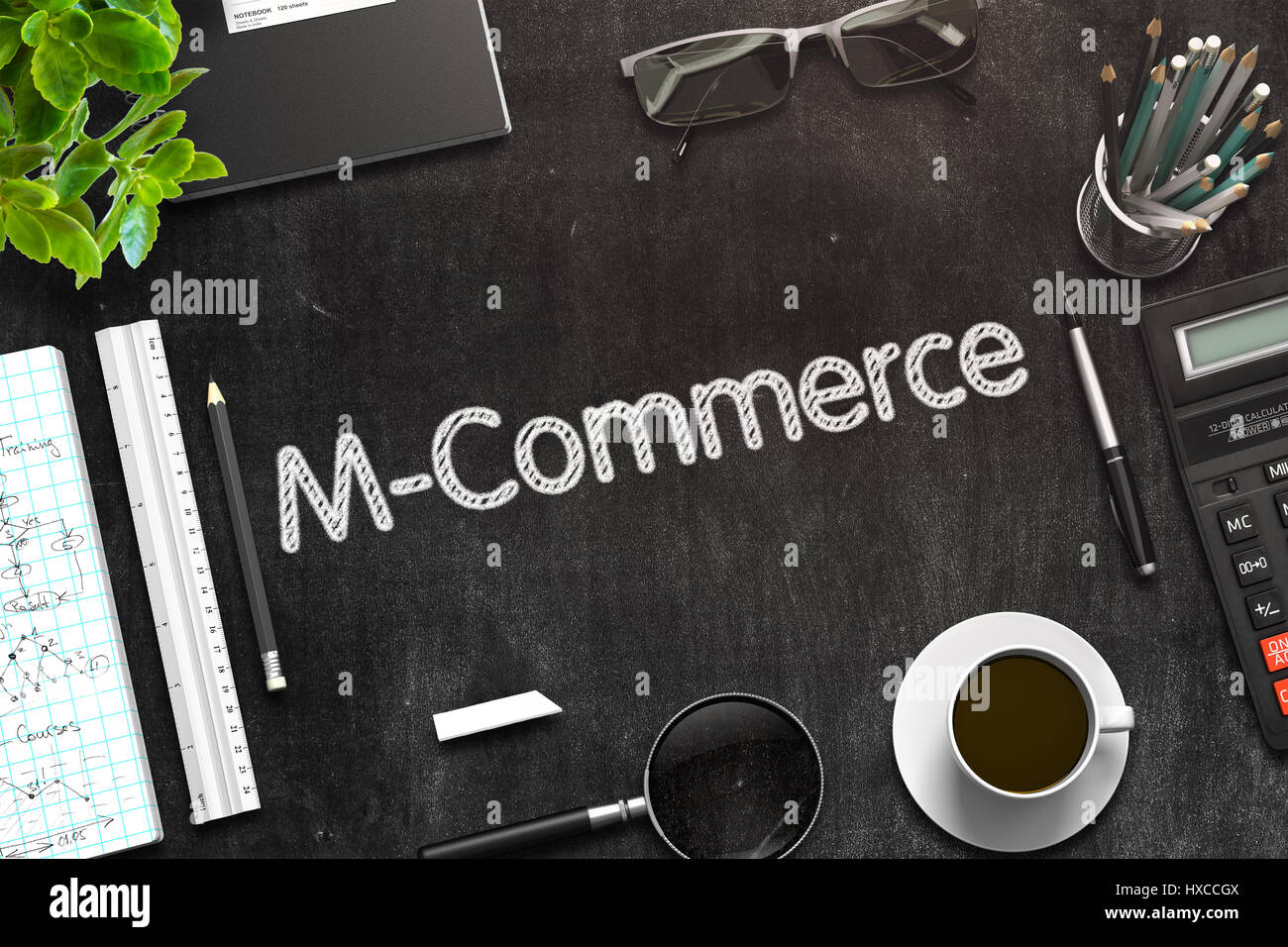 Black Chalkboard with M-Commerce Concept. 3D Rendering. Stock Photo