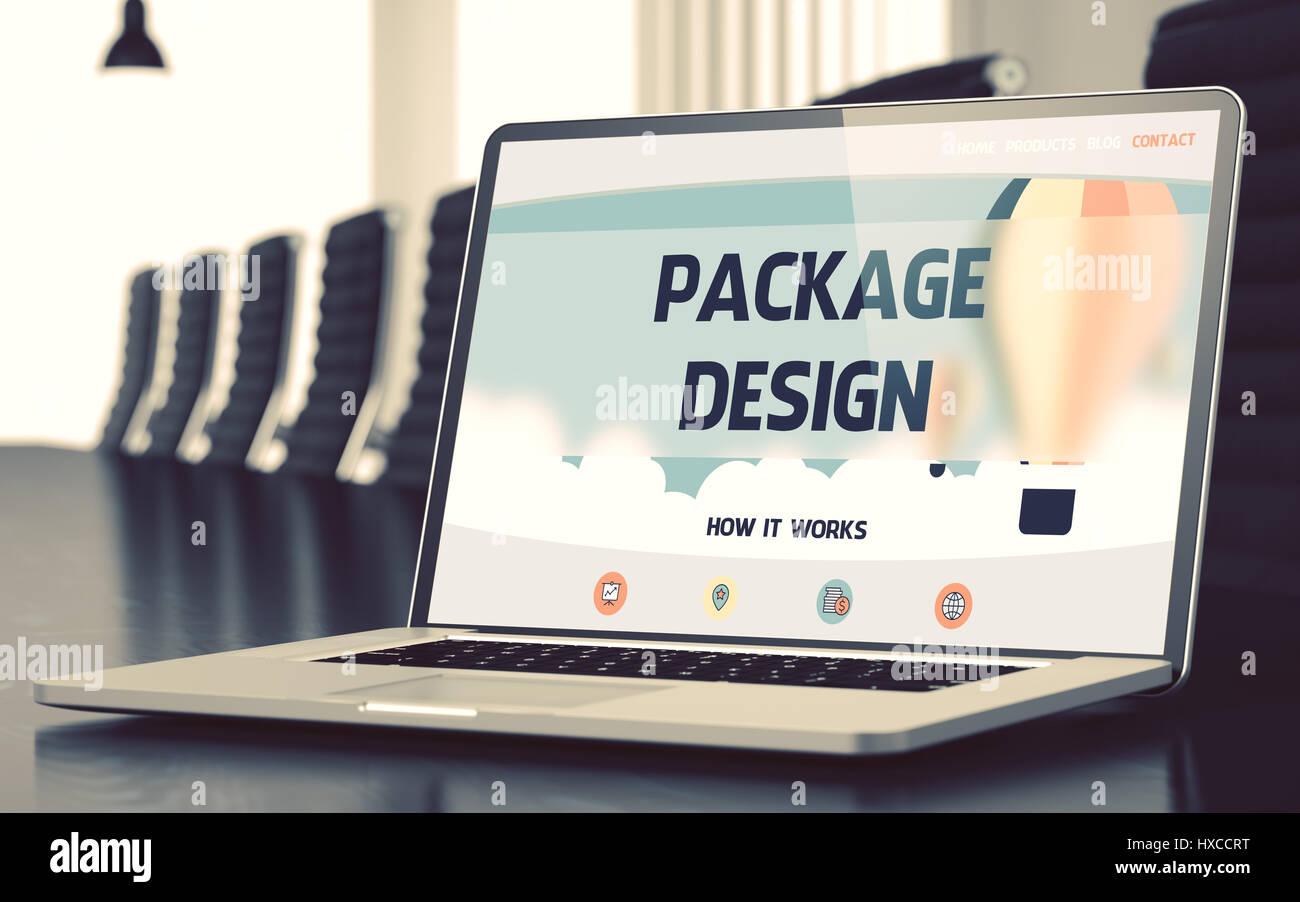 Laptop Screen with Package Design Concept. 3d. Stock Photo