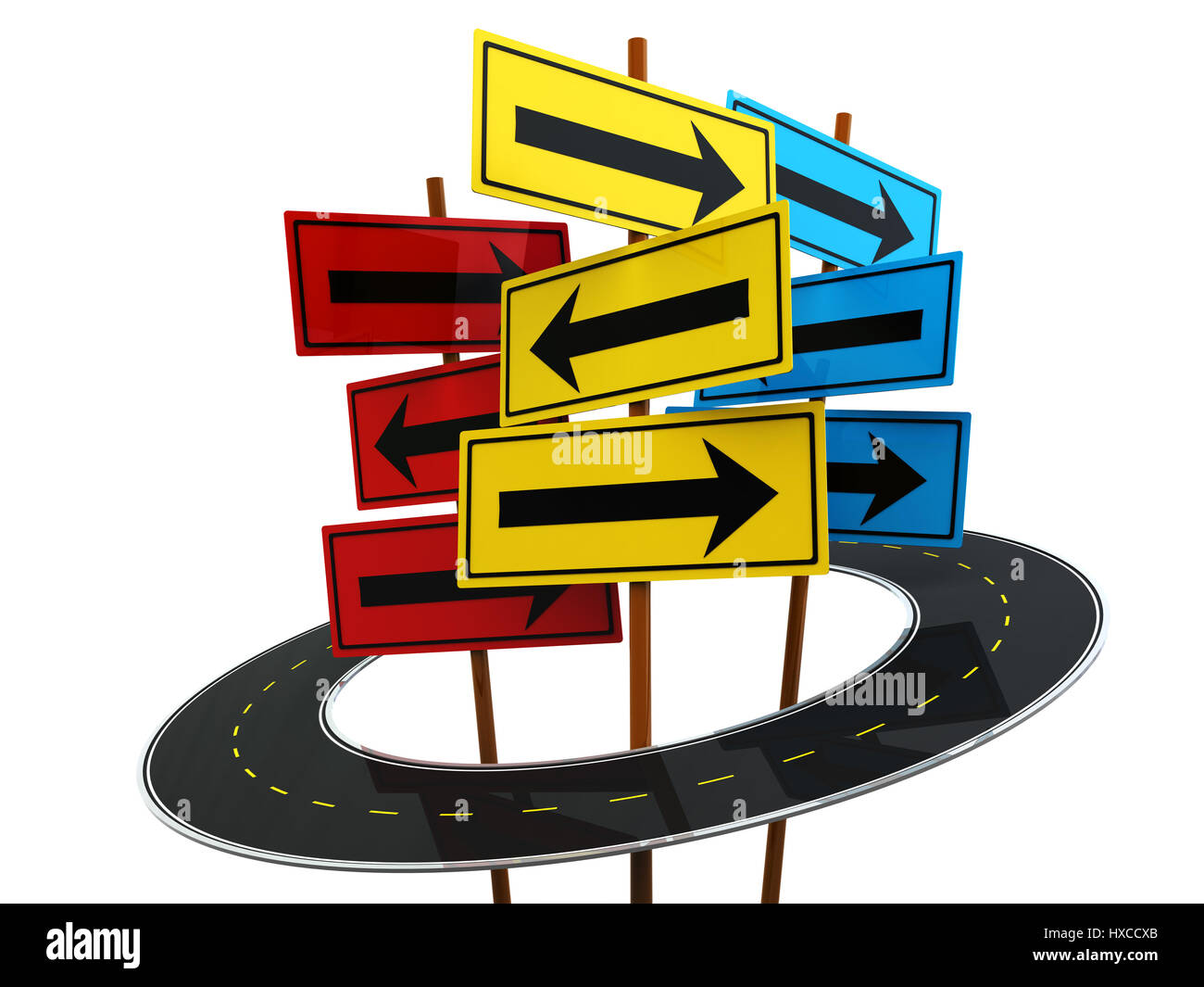 3d illustration of different ways signs, and road circle, over white background Stock Photo