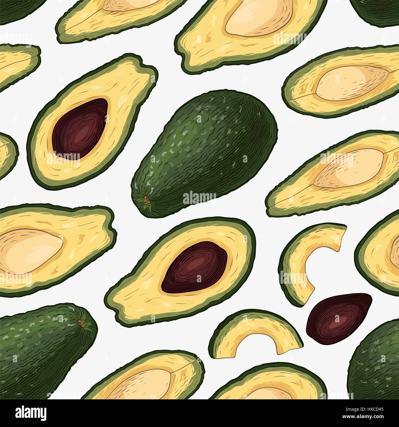 Seamless pattern with hand drawn colorful engraved avocado isolated on ...