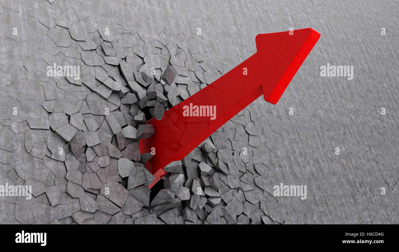 3d illustration of red arrow breaking concrete wall Stock Photo - Alamy