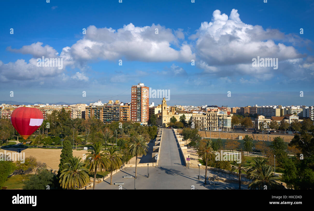 Valencia Skyline Aerial View And Serranos Bridge In Spain Stock Photo ...