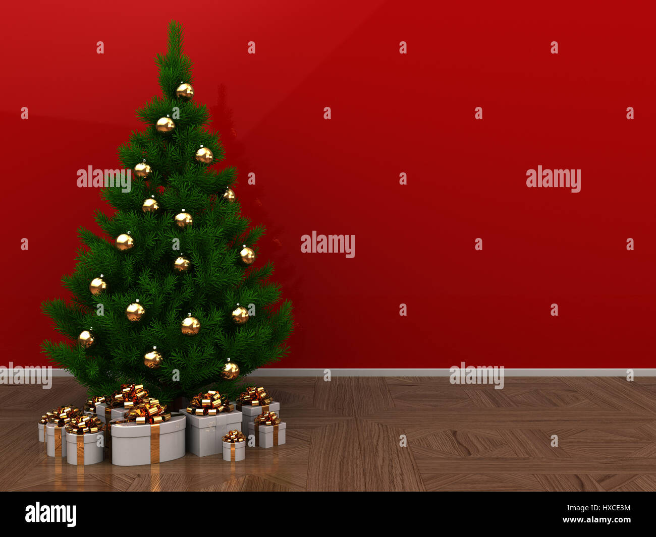3d illustration of christmas tree and gifts over red background with ...