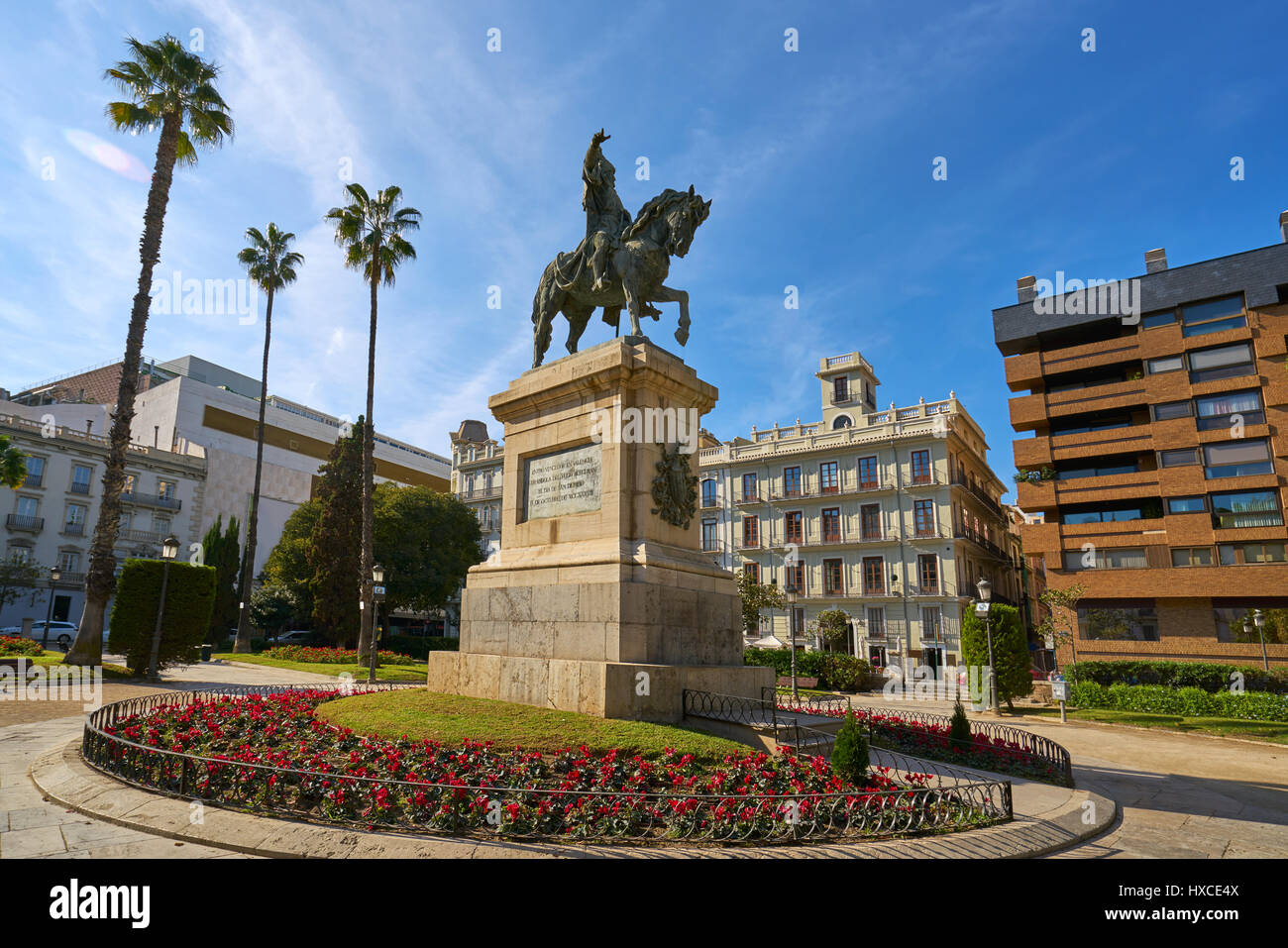 Valencia Parterre park with Alfonso Magnanimo horse statue in Spain Stock Photo