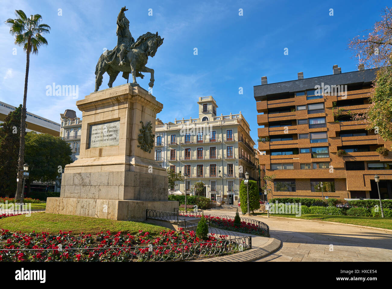 Valencia Parterre park with Alfonso Magnanimo horse statue in Spain Stock Photo