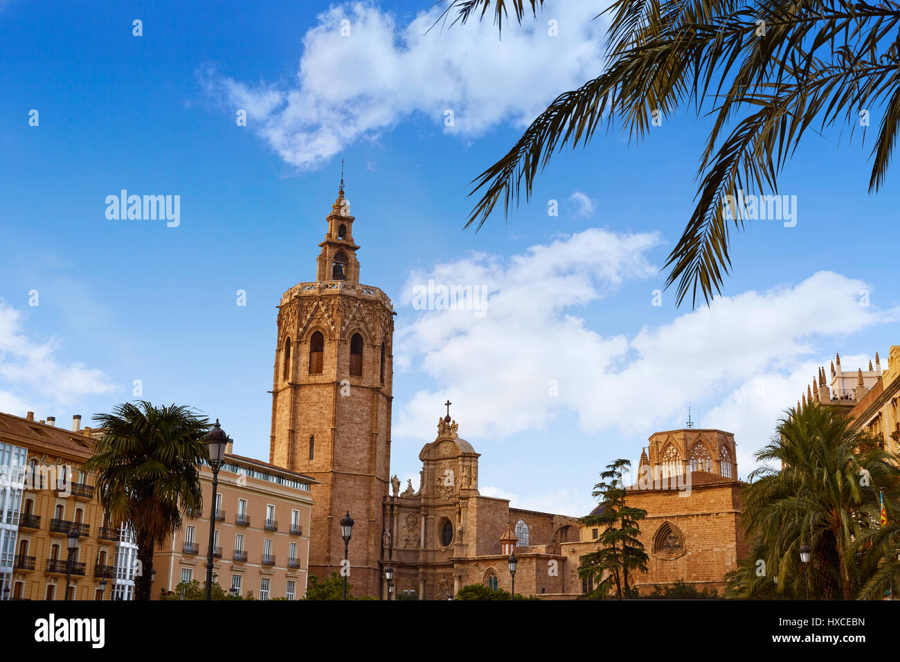 Valencia Miguelete Micalet Cathedral tower in Reina square at Spain Stock Photo