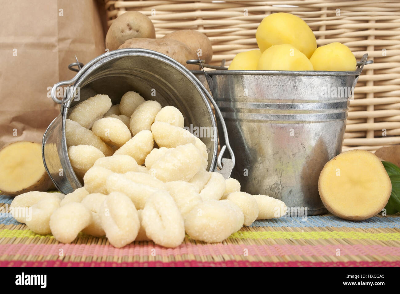 Cooked potatoes and Gnocchis, Boiled potatoes and gnocchi |, Gekochte Kartoffeln und Gnocchis |Boiled potatoes and gnocchi| Stock Photo