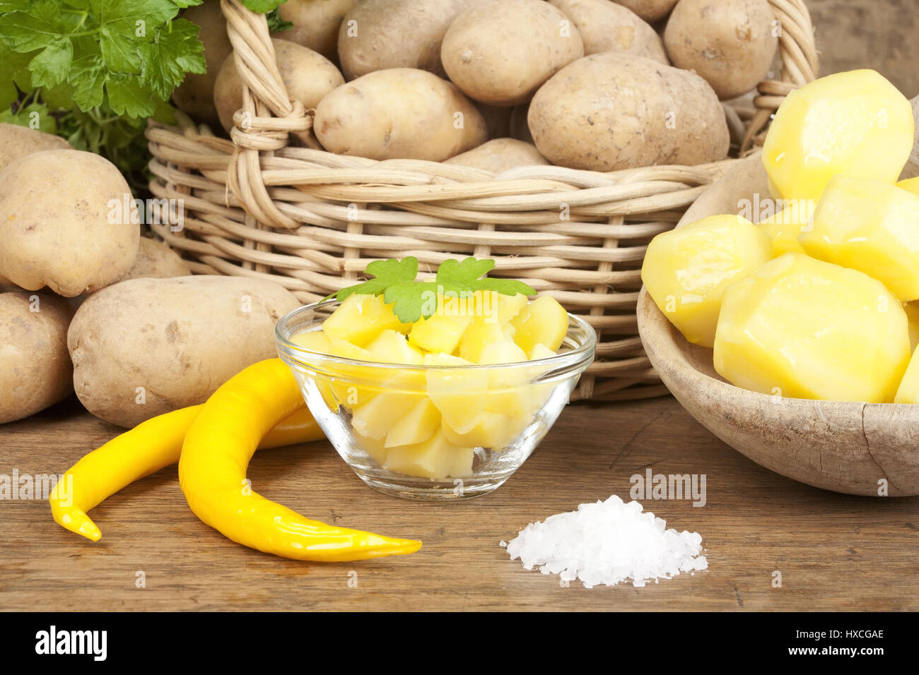 Potatoes with salt and chilli, Potatoes with salt and chilli |, Kartoffeln mit Salz und Chili |Potatoes with salt and chili| Stock Photo