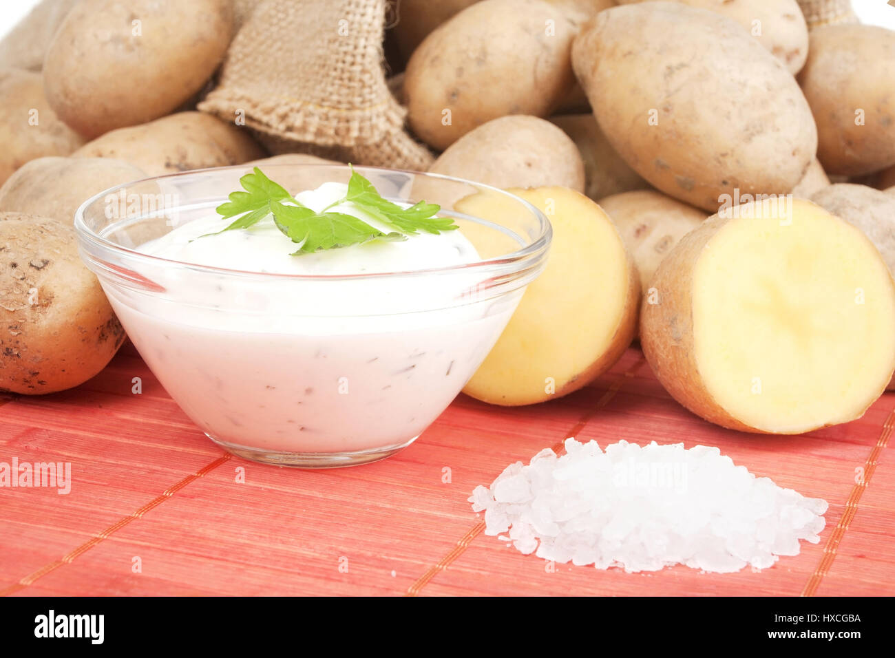 Potatoes with salt and curd, Potatoes with salt and cottage cheese |, Kartoffeln mit Salz und Quark |Potatoes with salt and cottage cheese| Stock Photo