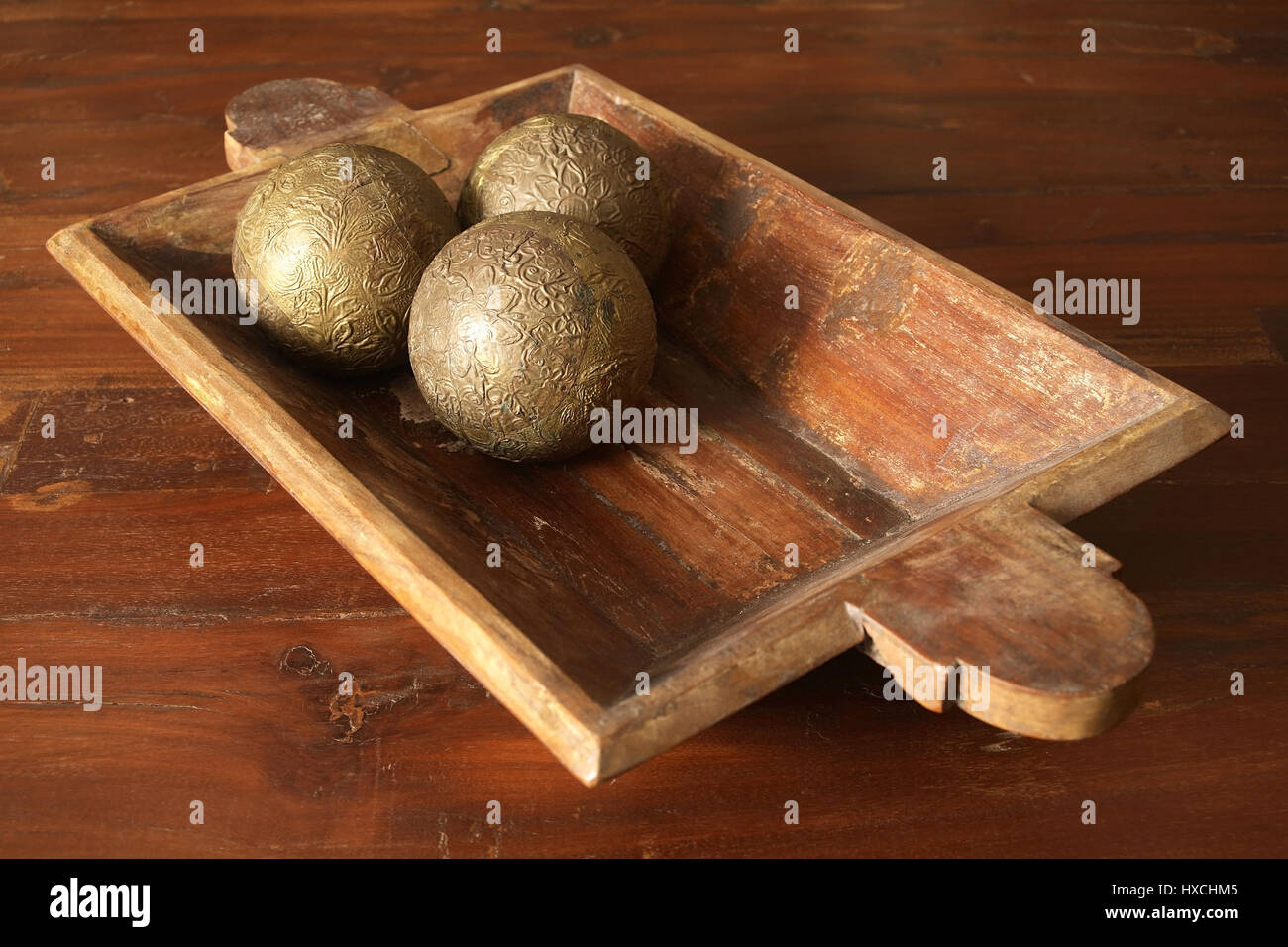 Wooden bowl with balls, Holzschale mit Kugeln Stock Photo