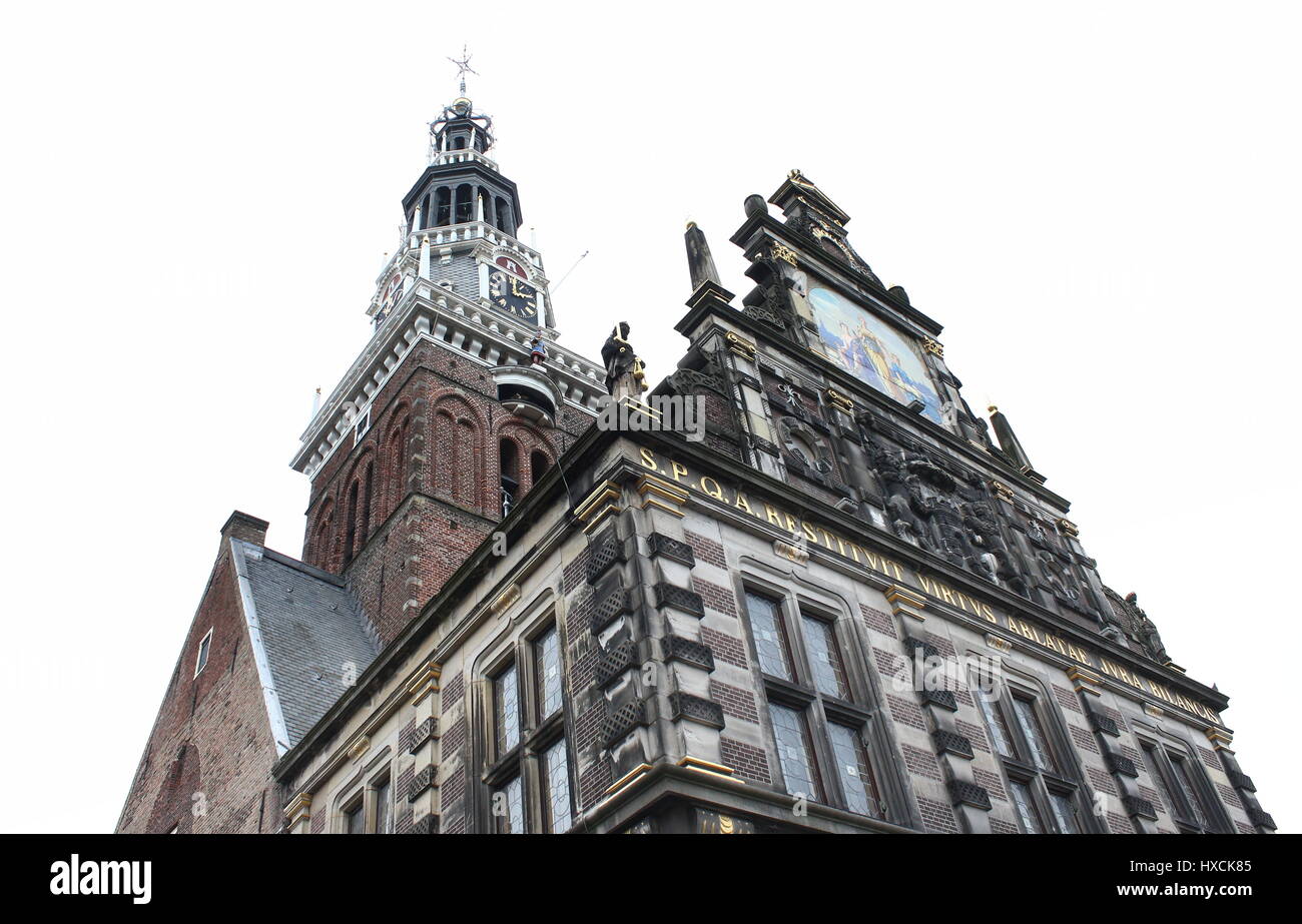 Ornate facade of The Waag (Weighing house) at Waagplein square in Alkmaar, The Netherlands. One of the very few remaining weigh houses still in use. Stock Photo