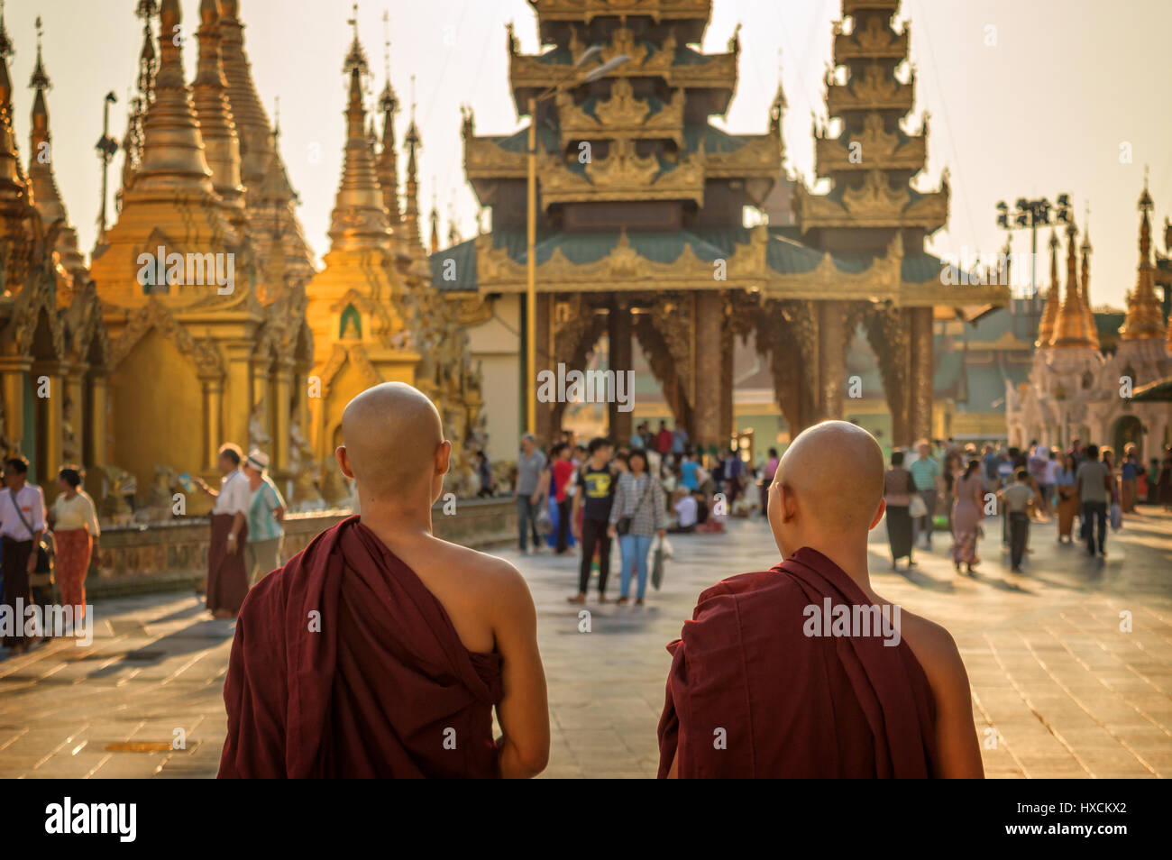 Monks at Shwedagon Pagoda in Yangon, Burma Myanmar Stock Photo