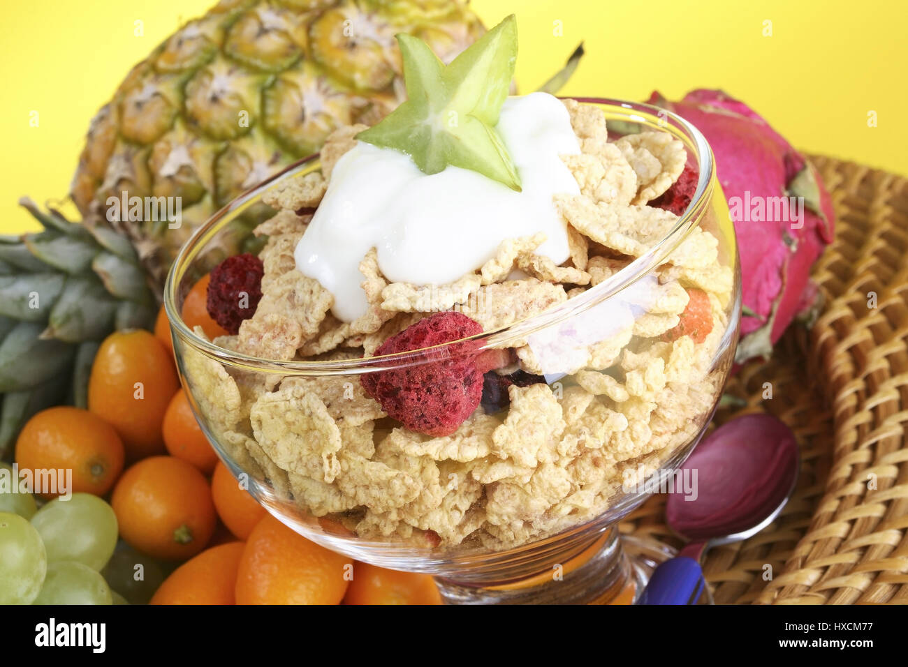 Fruit Flakes with yoghurt, Frucht Flakes mit Joghurt Stock Photo Alamy