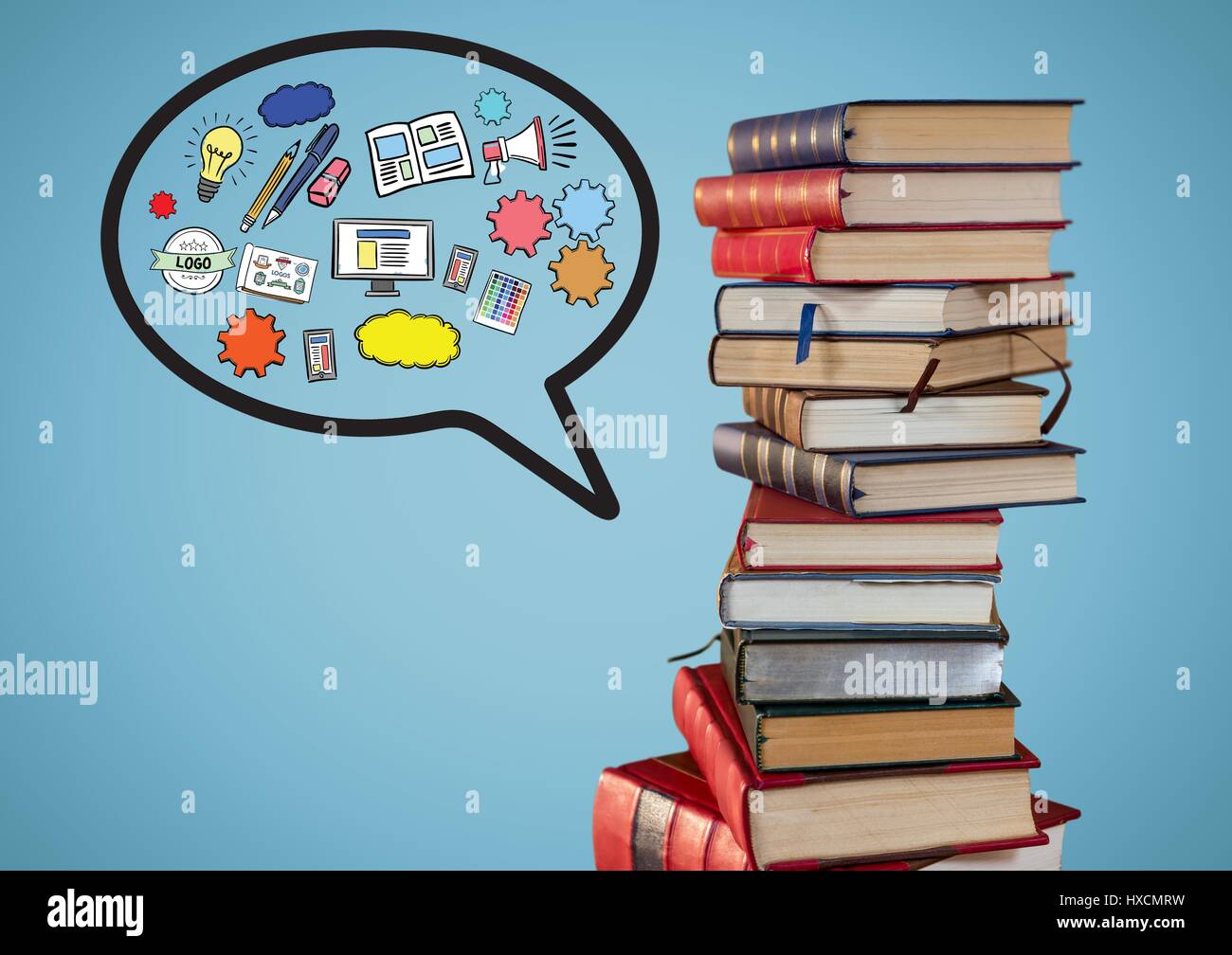 Digital Composite Of Pile Of Books With Speech Bubble And Graphics