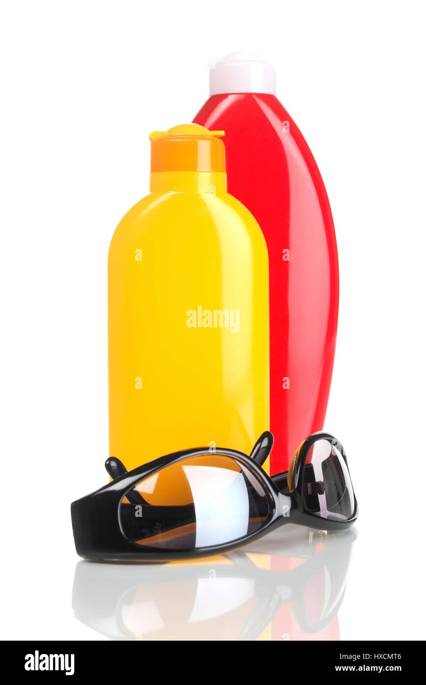 Solar cream, lotion and sunglasses, Sonnencreme, Lotion und Sonnenbrille Stock Photo