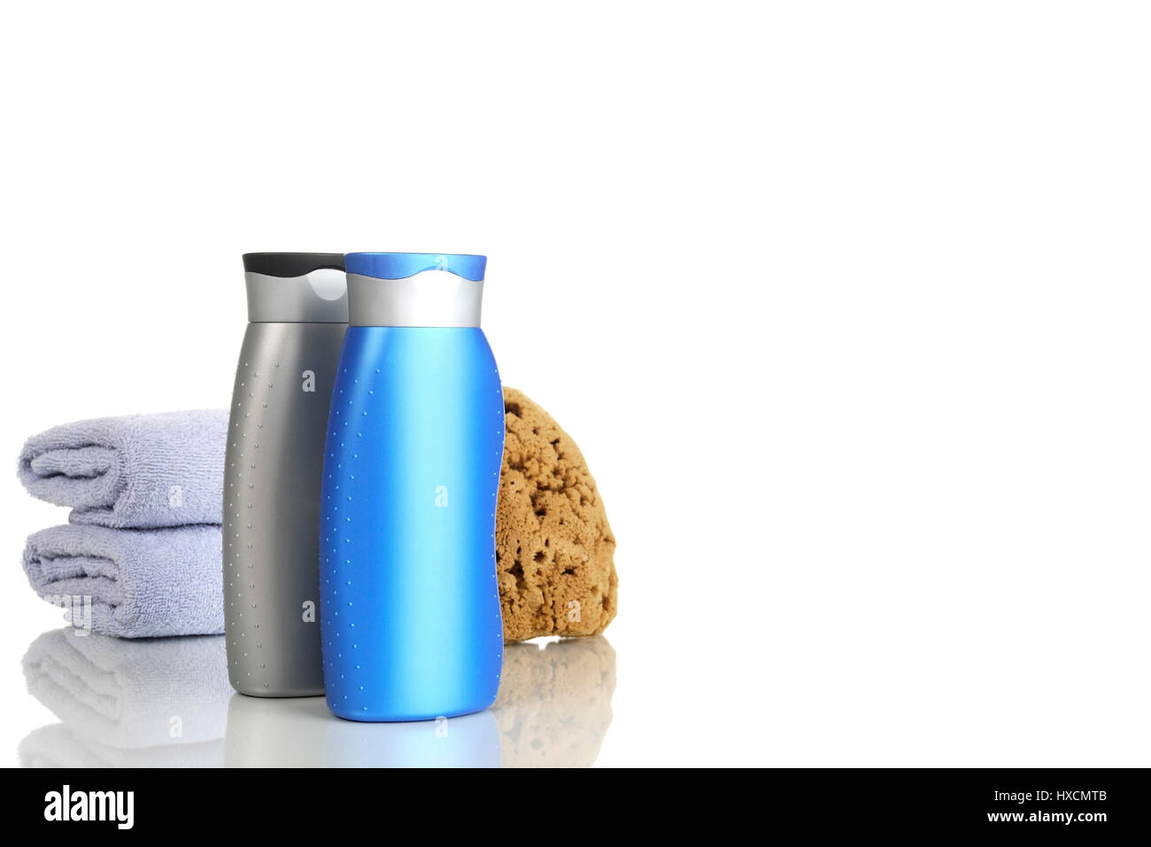 Shower gel with sponge and towel, Duschgel mit Schwamm und Handtuch Stock Photo