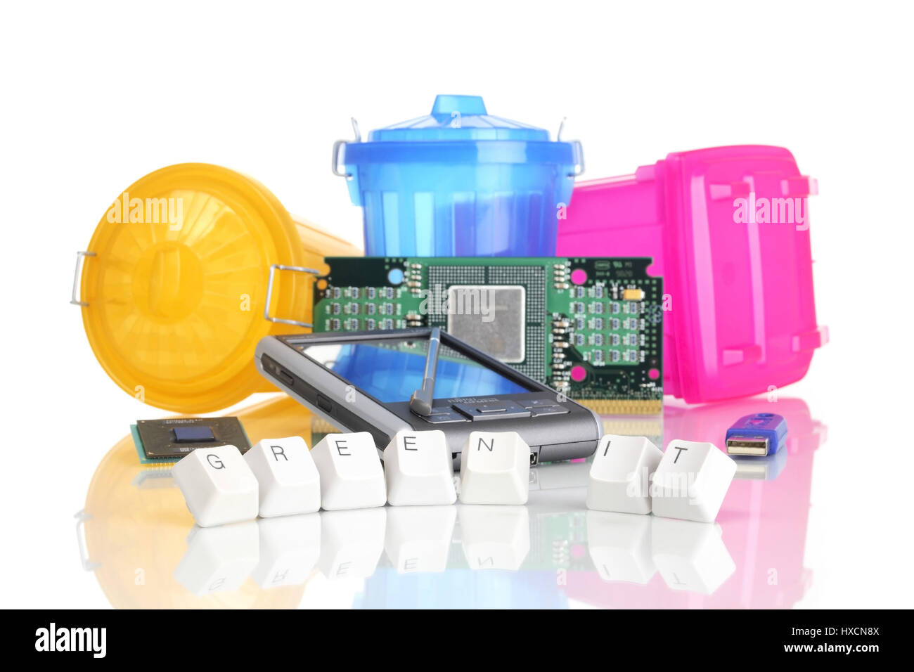 PDA, computer components and garbage tonnes, PDA, computer of part and trash cans