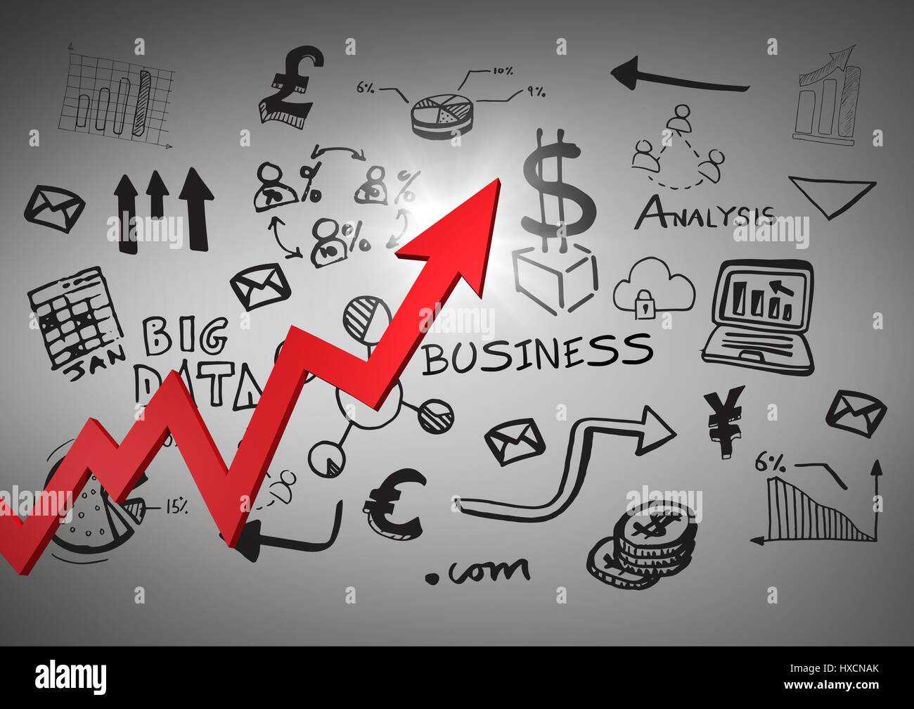 Digital composite of Red arrow with flare and black business doodles ...