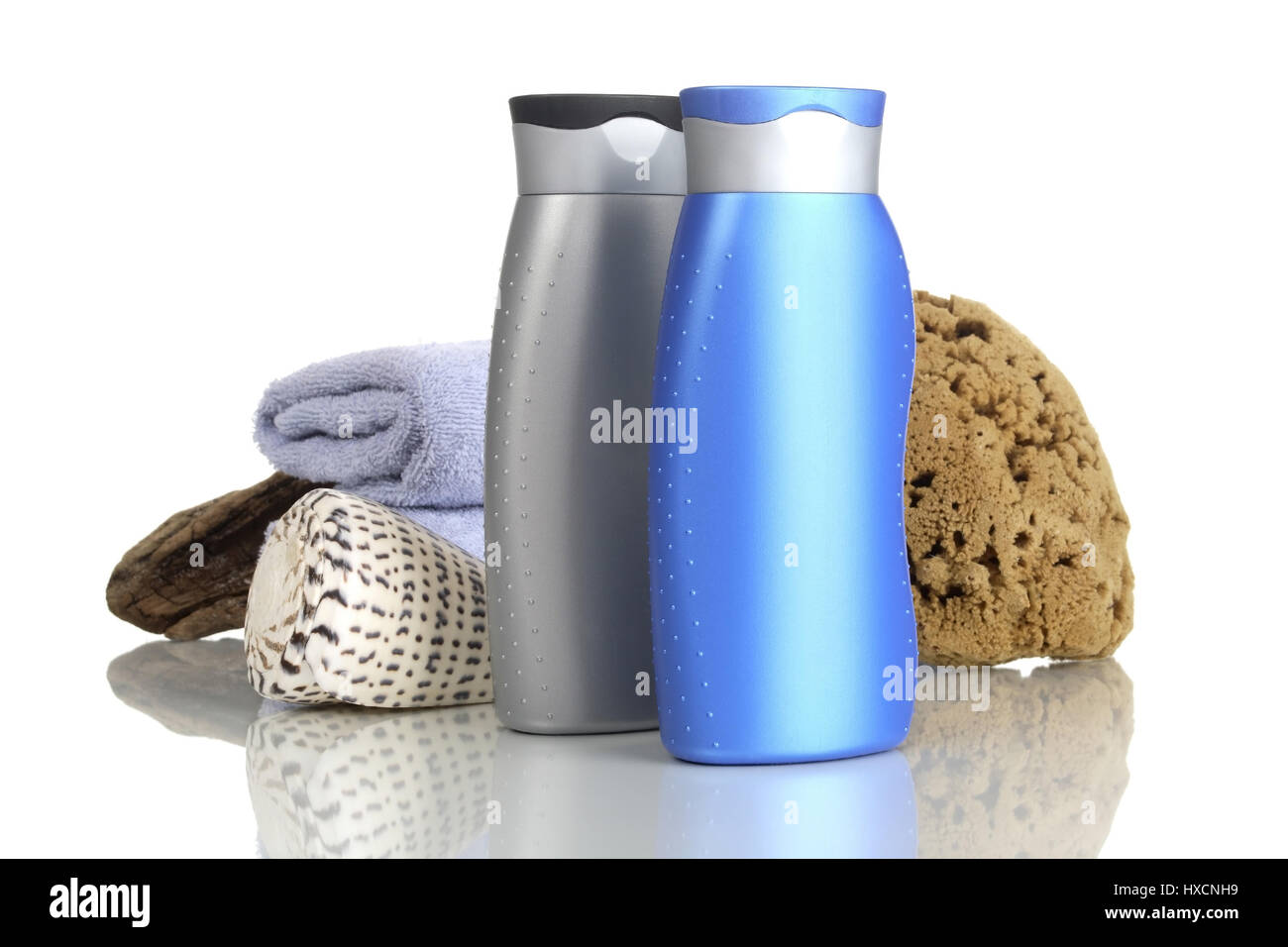 Shower gel with sponge and towel, Duschgel mit Schwamm und Handtuch Stock Photo
