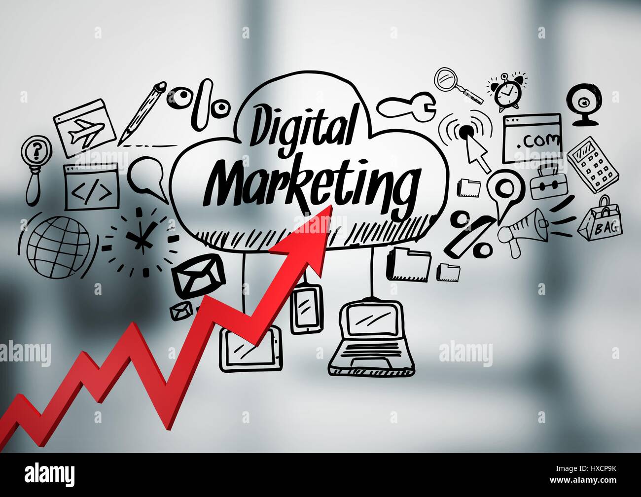 Digital composite of Red arrow with black business doodles against ...