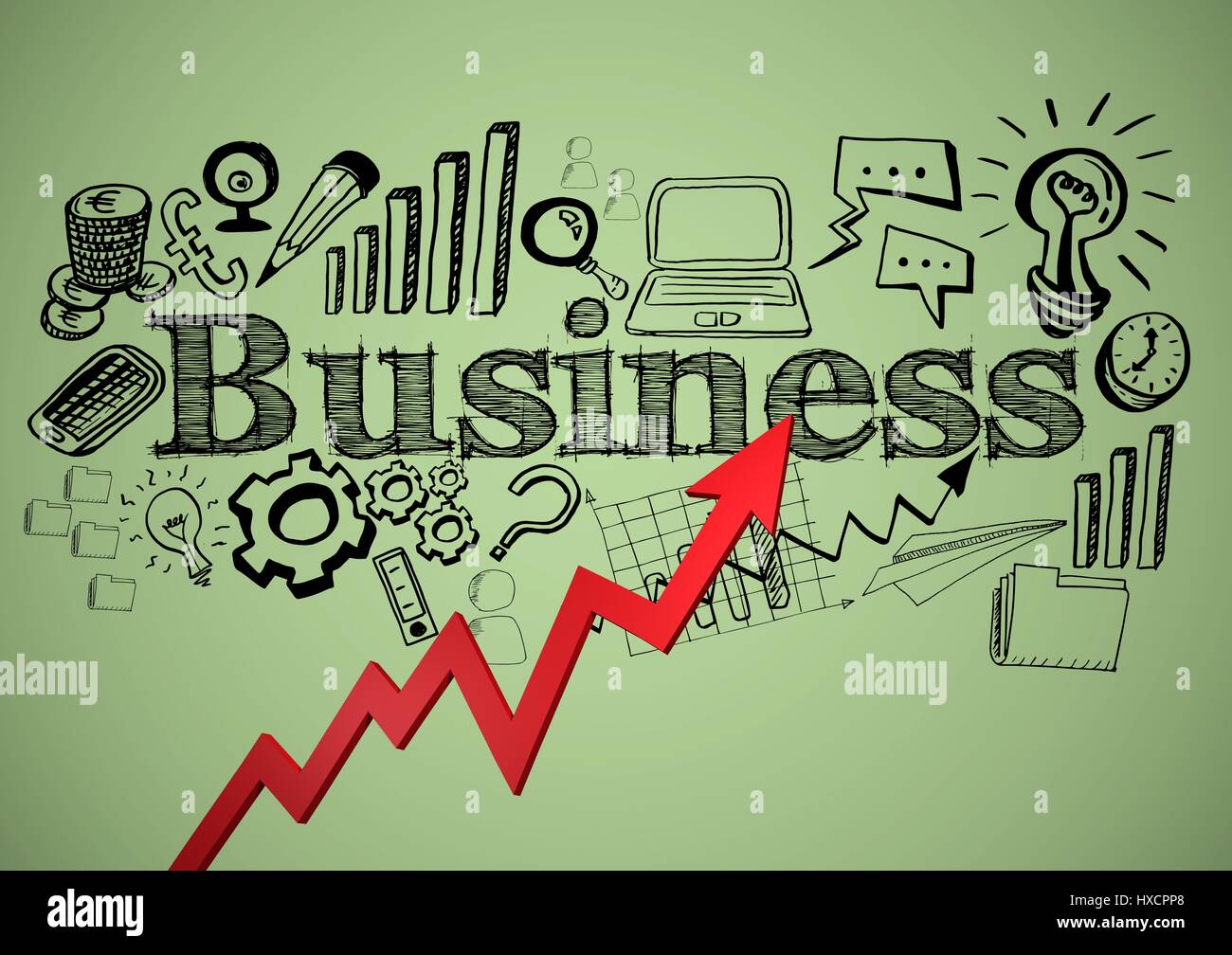 Digital composite of Red arrow with black business doodles against ...