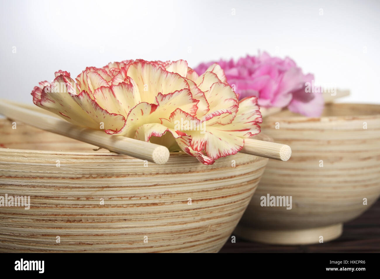 Wooden bowls with rod and carnation blossoms, Holzschalen mit Staebchen und Nelkenblueten Stock Photo