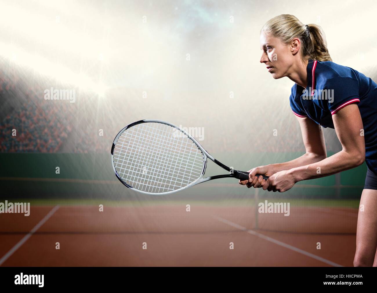 Digital composite of Tennis player with racket outstretched on court ...