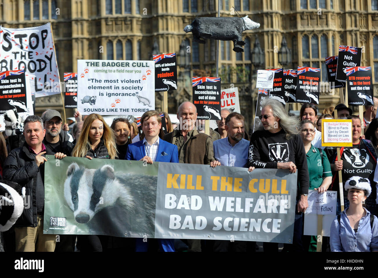 London, UK. 27th Mar, 2017. (3rd left) TV presenter Anneka Svenska and (C) BBC wildlife presenter Simon King joins animal activists taking part in a Save the Badger rally outside Parliament. Mr King will be giving a presentation to MPs who are due to debate the culling of badgers in the House of Commons today. Credit: Stephen Chung/Alamy Live News Stock Photo