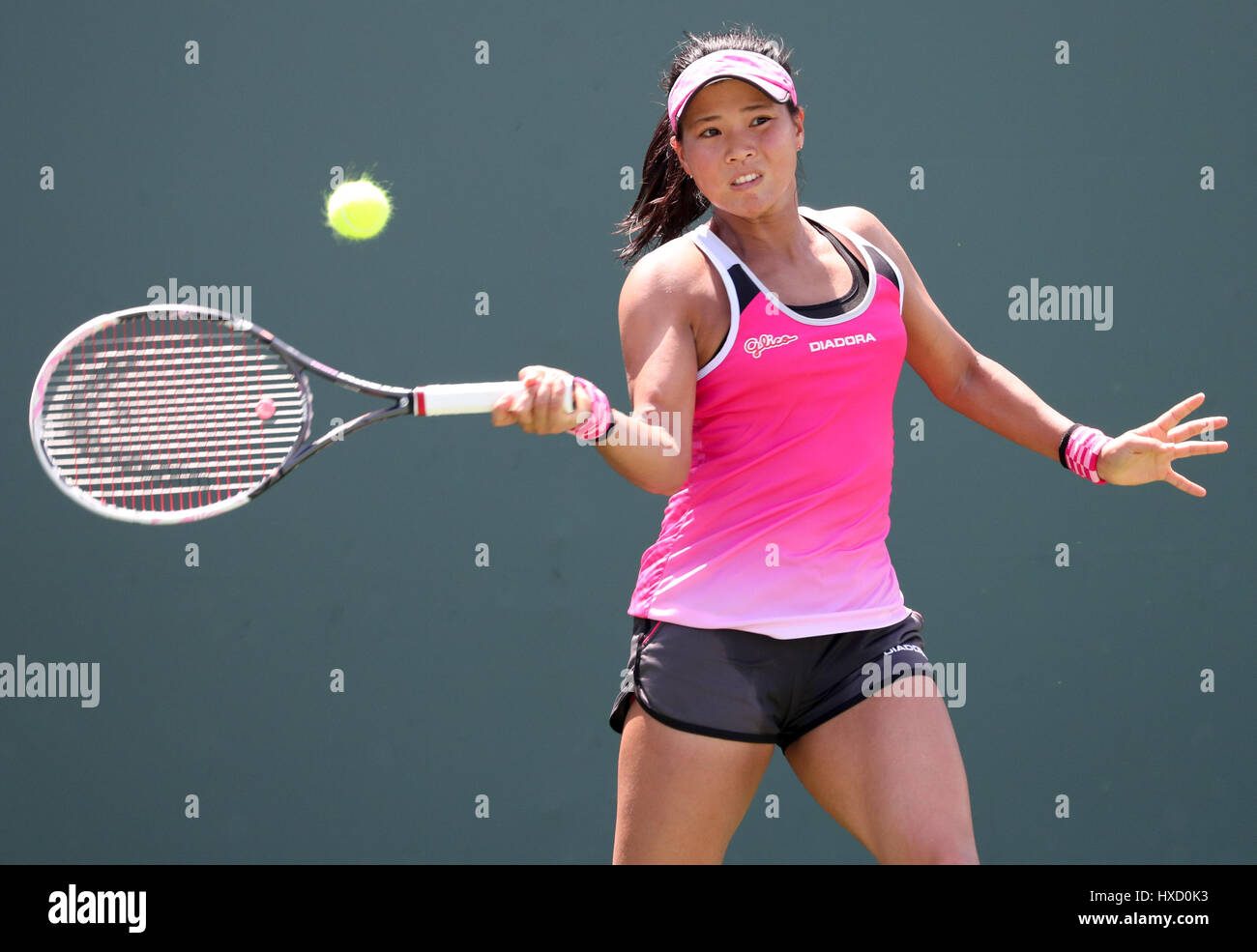 Key Biscayne, Florida, USA. 26th Mar, 2017. Risa Ozaki, of Japan, plays  against Julia Goerges, of Germany, during her winning match at the 2017  Miami Open presented by Itau professional tennis tournament,