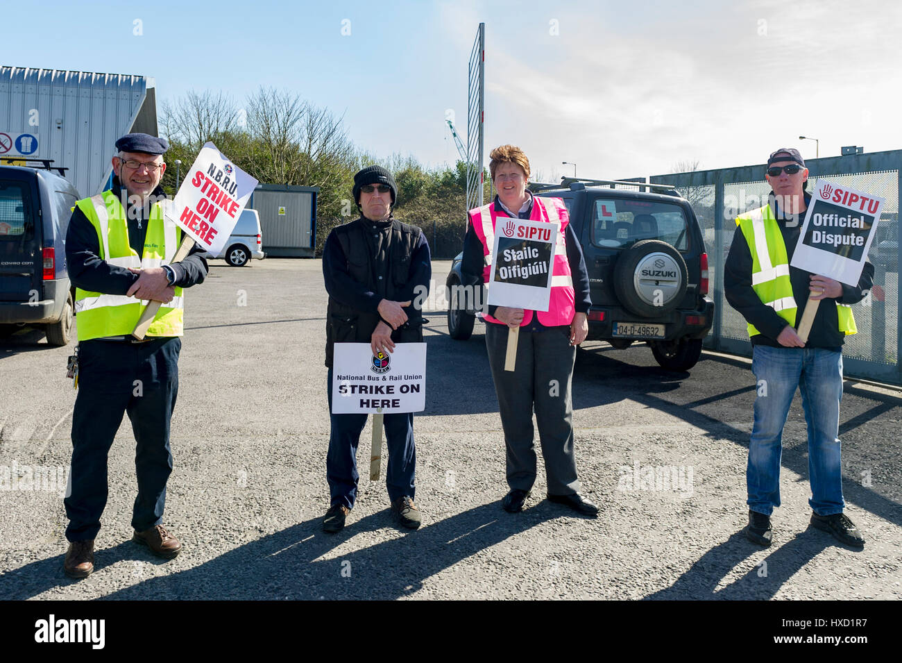 Skibbereen, Ireland. 27th Mar, 2017. Bus drivers, who are members of the NBRU and SIPTU unions, formed a picket line today at the bus depot in Skibbereen as part of the official national all-out, indefinite strike. Bus Eireann wants to impose new terms and conditions, cut overtime and the shift allowance and reduce weekend bonus pay. Bus Eireann claims the company will be insolvent within weeks if cost cutting measures aren't implemented immediately. Credit: Andy Gibson/Alamy Live News Stock Photo