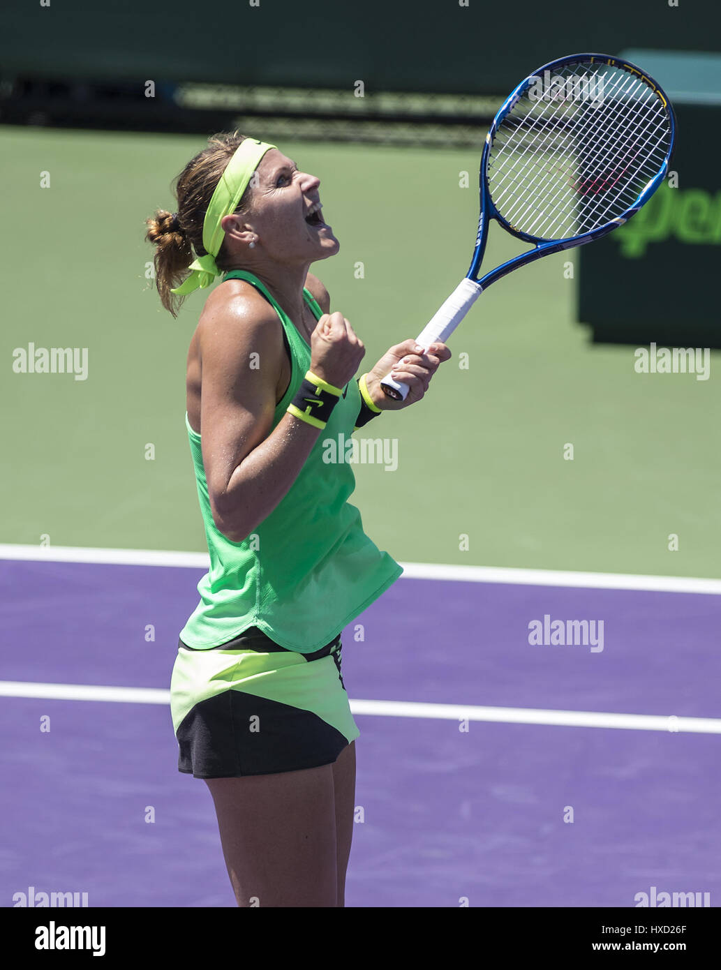 Miami, Florida, USA. 27th Mar, 2017. Lucie Safarova (CZE) celebrating here defeats Dominika Cibulkova (SVK) 76(5) 61 at the 2017 Miami Open in Key Biscayne, FL. Credit: Andrew Patron/ZUMA Wire/Alamy Live News Stock Photo