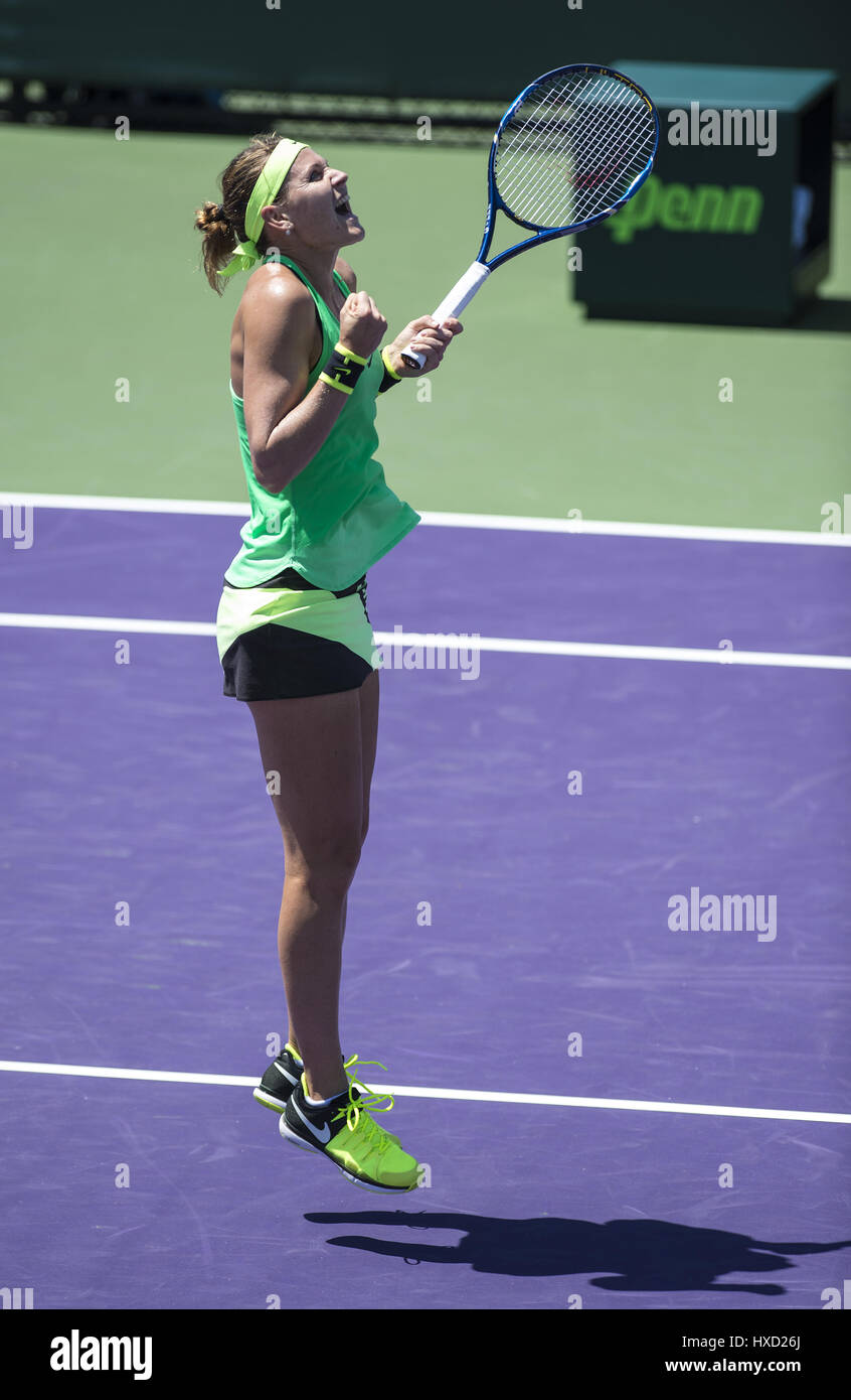 Miami, Florida, USA. 27th Mar, 2017. Lucie Safarova (CZE) celebrating here defeats Dominika Cibulkova (SVK) 76(5) 61 at the 2017 Miami Open in Key Biscayne, FL. Credit: Andrew Patron/ZUMA Wire/Alamy Live News Stock Photo