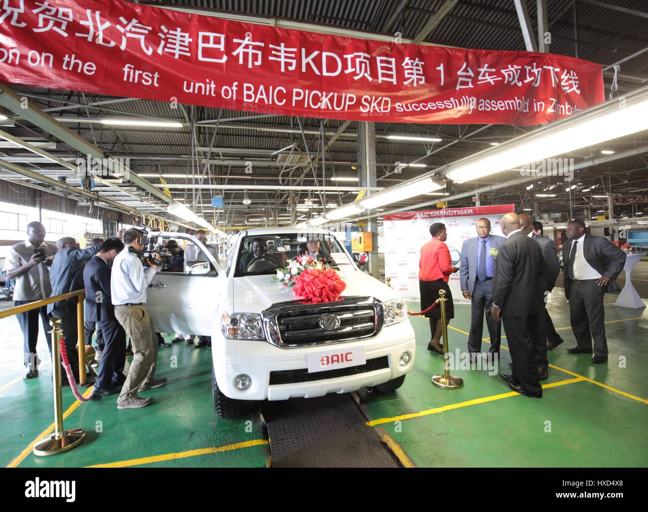 Harare, Zimbabwe. 27th Mar, 2017. A brand-new Grand Tiger pick-up truck leaves the assembly line at the Willowvale Mazda Motor Industries plant in Harare, Zimbabwe, on March 27, 2017. A joint venture of Chinese and Zimbabwean auto companies on Monday launched a top-of-the-range pickup truck, the Grand Tiger, in Zimbabwe. The launch followed the joint venture forged between Beijing Automotive Group Co. Ltd (BAIC Group) and two Zimbabwean companies to form Beiqi Zimbabwe (Pvt) Ltd. Credit: Stringer/Xinhua/Alamy Live News Stock Photo