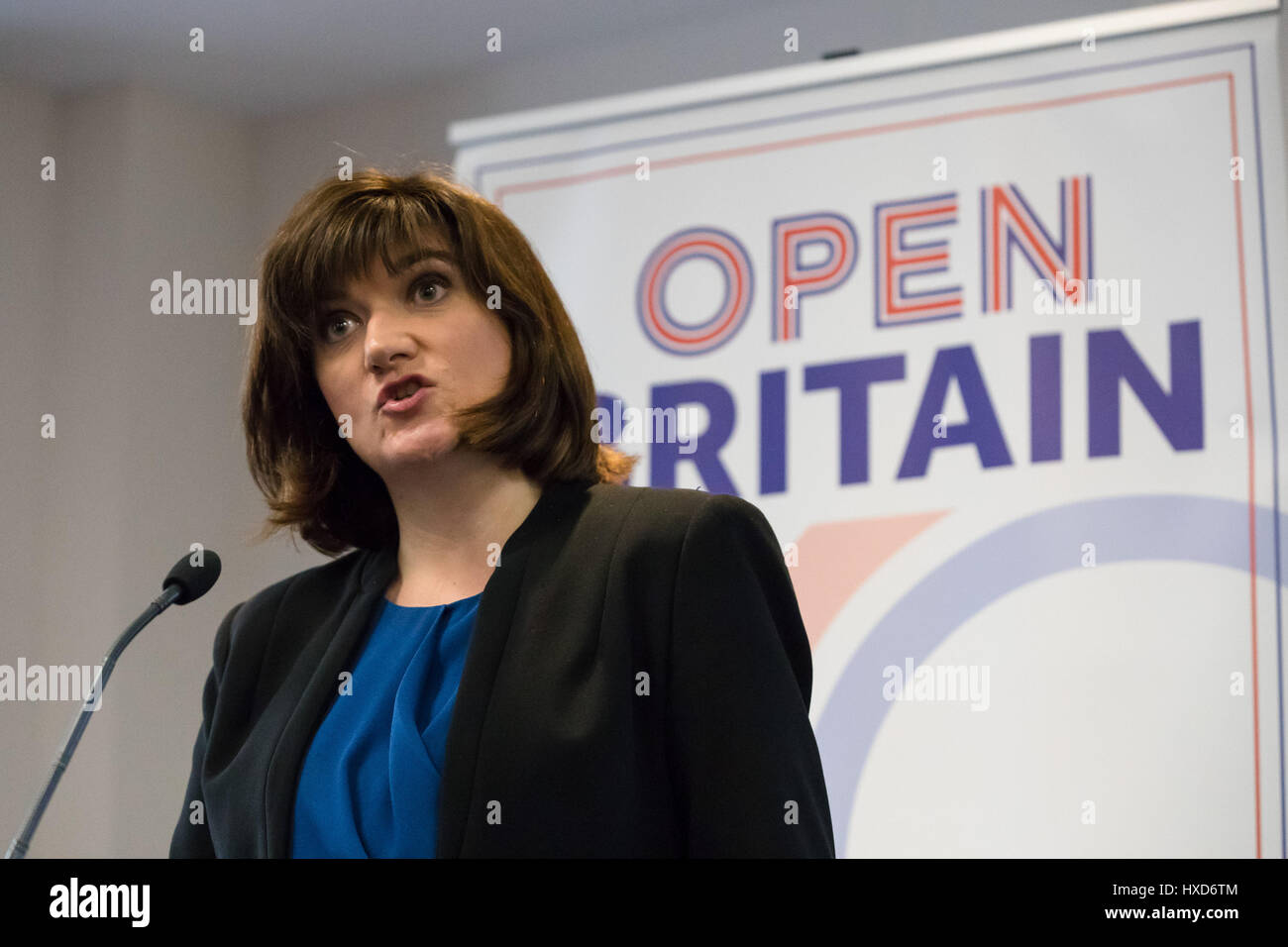 London, UK. 28th March 2017. Nicky Morgan speaking at the Open Britain press conference. Leading supporters of the Open Britain campaign, Nicky Morgan MP, Chris Leslie MP and Nick Clegg MP hosted a press conference in which they answered questions about the Open Britain campaign’s publication: The Government’s Brexit Contract with the British people. Credit: Vickie Flores/Alamy Live News Stock Photo