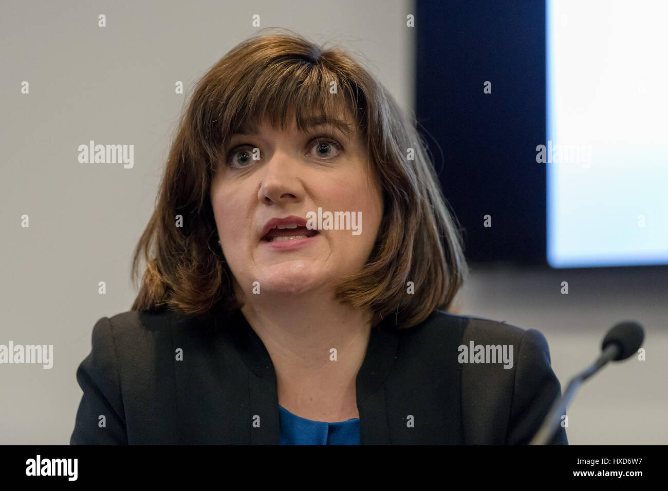 London, UK. 28th March 2017. Nicky Morgan speaking at the Open Britain press conference. Leading supporters of the Open Britain campaign, Nicky Morgan MP, Chris Leslie MP and Nick Clegg MP hosted a press conference in which they answered questions about the Open Britain campaign’s publication: The Government’s Brexit Contract with the British people. Credit: Vickie Flores/Alamy Live News Stock Photo