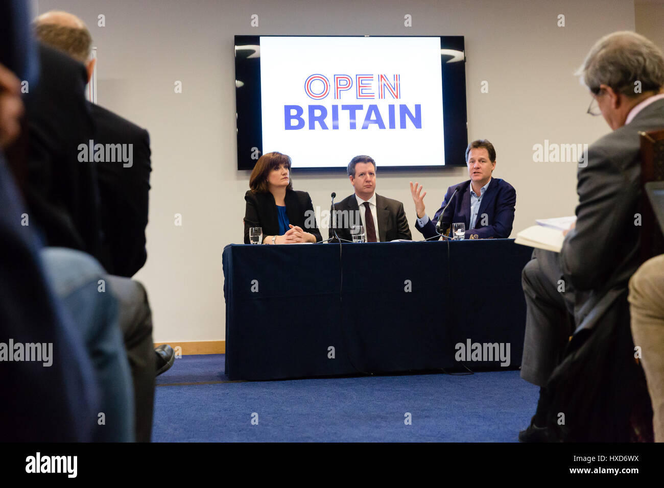 London, UK. 28th March 2017. Nicky Morgan, Chris Leslie and Nick Clegg at the Open Britain press conference. Leading supporters of the Open Britain campaign, Nicky Morgan MP, Chris Leslie MP and Nick Clegg MP hosted a press conference in which they answered questions about the Open Britain campaign’s publication: The Government’s Brexit Contract with the British people. Credit: Vickie Flores/Alamy Live News Stock Photo