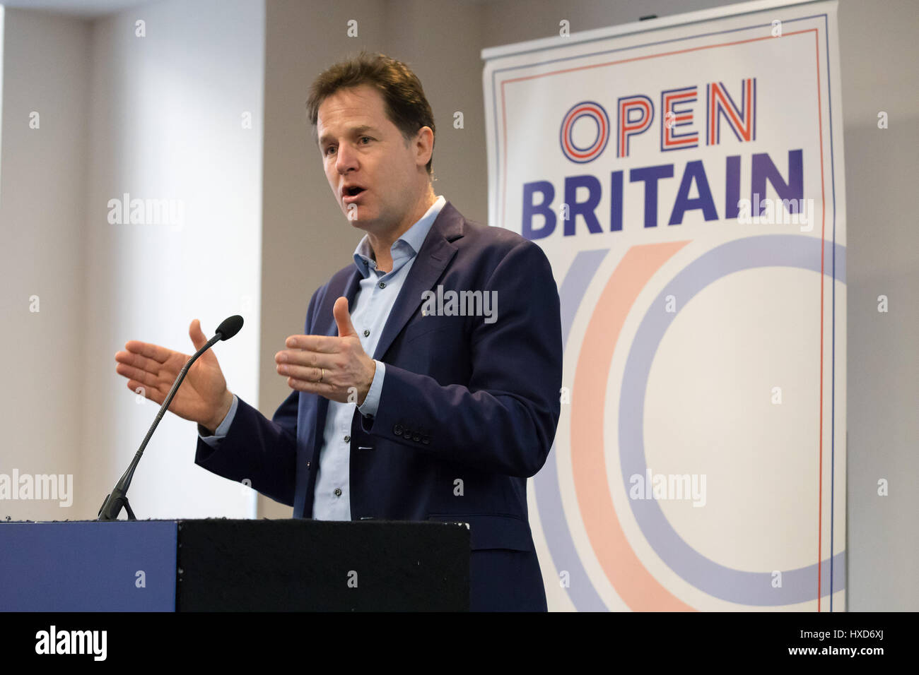 London, UK. 28th March 2017. Nick Clegg speaking at the Open Britain press conference. Leading supporters of the Open Britain campaign, Nicky Morgan MP, Chris Leslie MP and Nick Clegg MP hosted a press conference in which they answered questions about the Open Britain campaign’s publication: The Government’s Brexit Contract with the British people. Credit: Vickie Flores/Alamy Live News Stock Photo